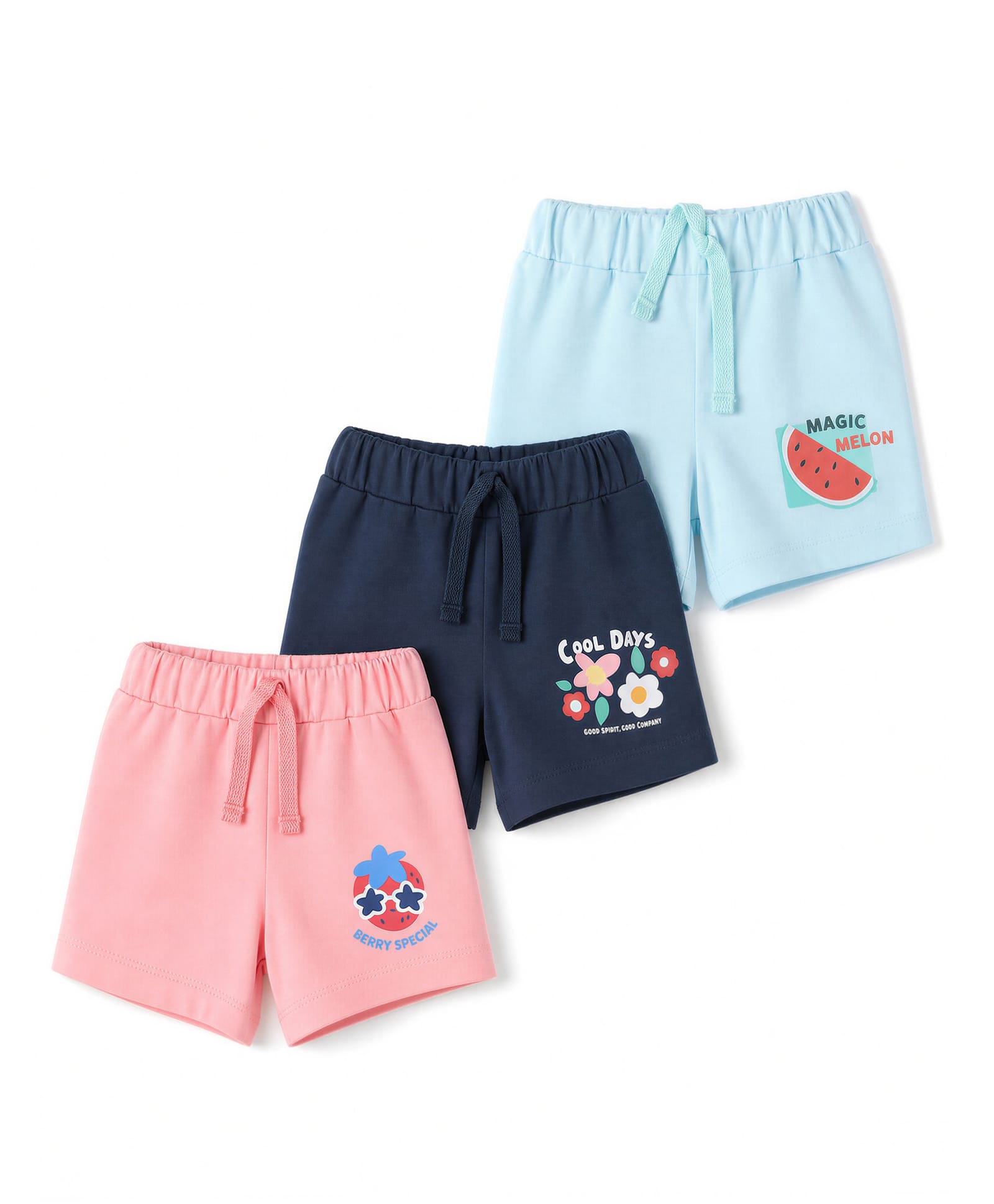 Teddy Sinker Knit Knee Length Shorts With Floral & Fruit Print Pack Of 3 - Pink , Light Blue & Navy Blue-picture-24