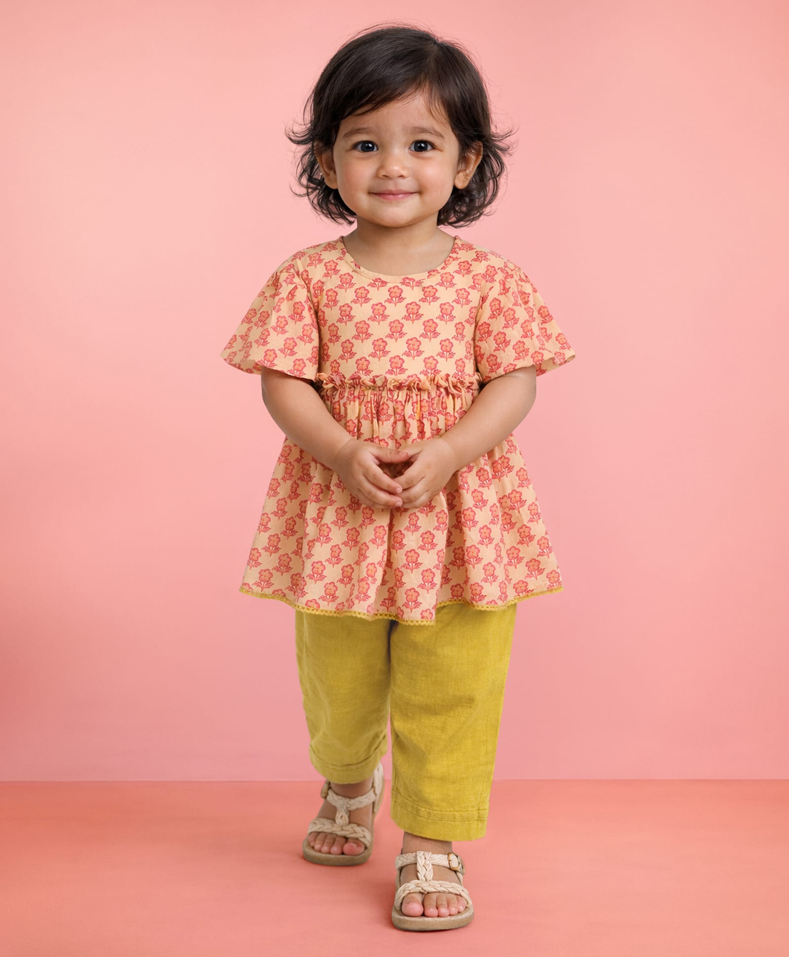 Vastramay Cotton Woven Sleeveless Lace Embellished Striped Kurti & Pyjama Set - Peach-image-13