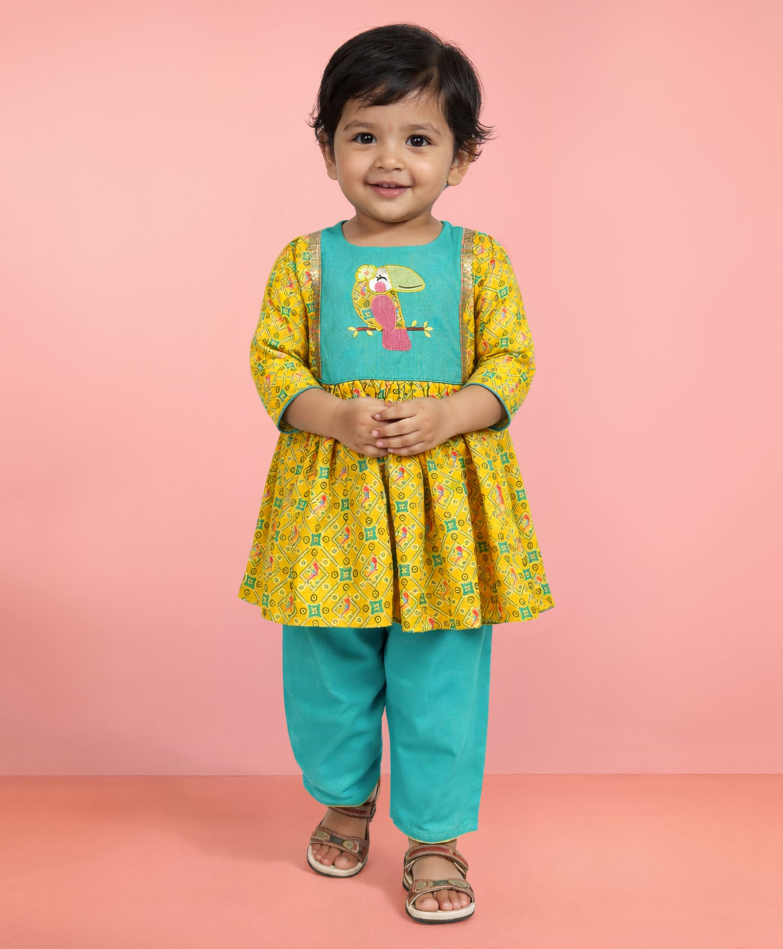 Vastramay Cotton Woven Three Fourth Sleeves Bird Embroidered & Geometric Printed Kurti Pyjama Set - Yellow-image-20