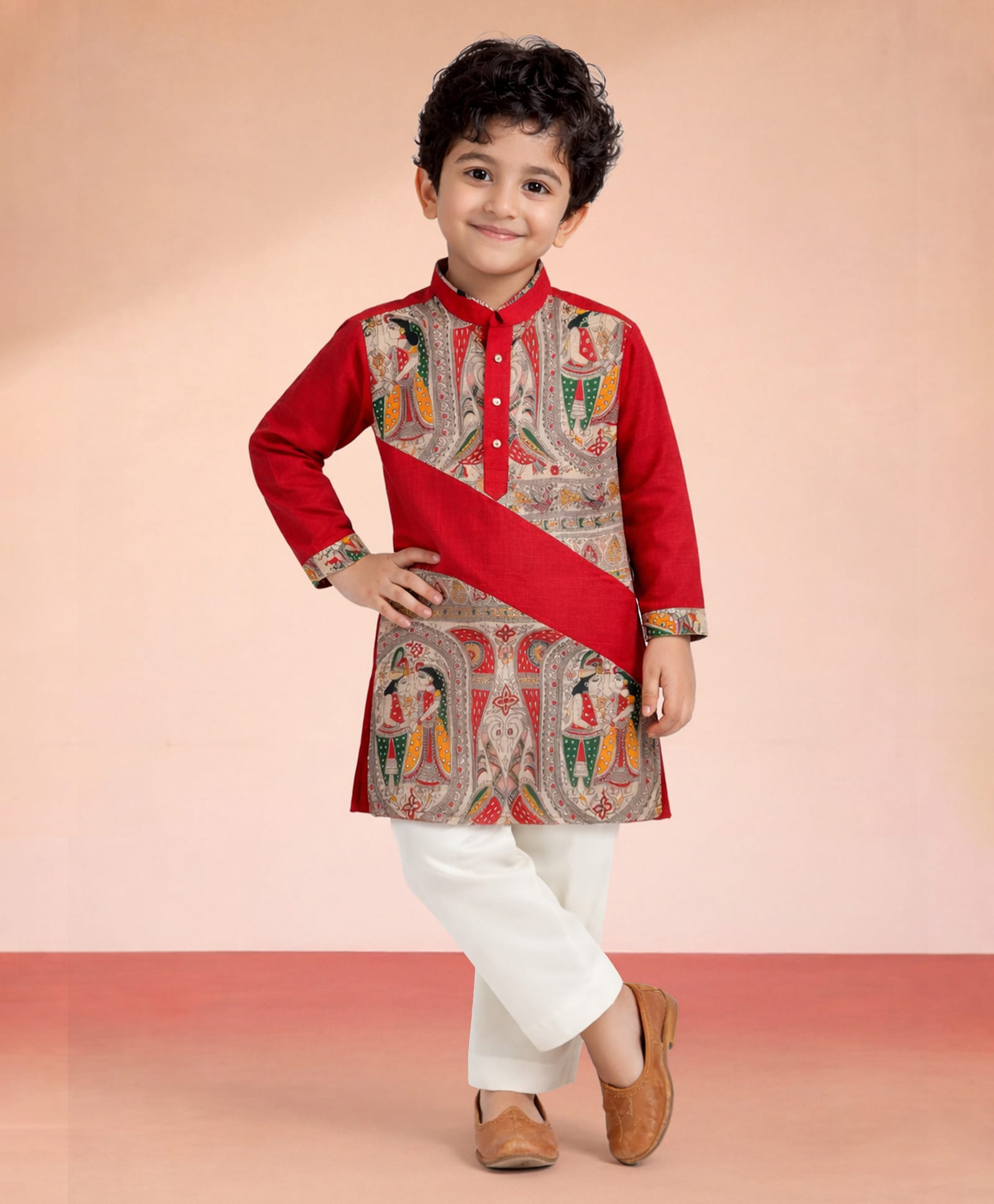 Vastramay Cotton Woven Full Sleeves Madhubani Printed Kurta & Pyjama Set - Red-image-35