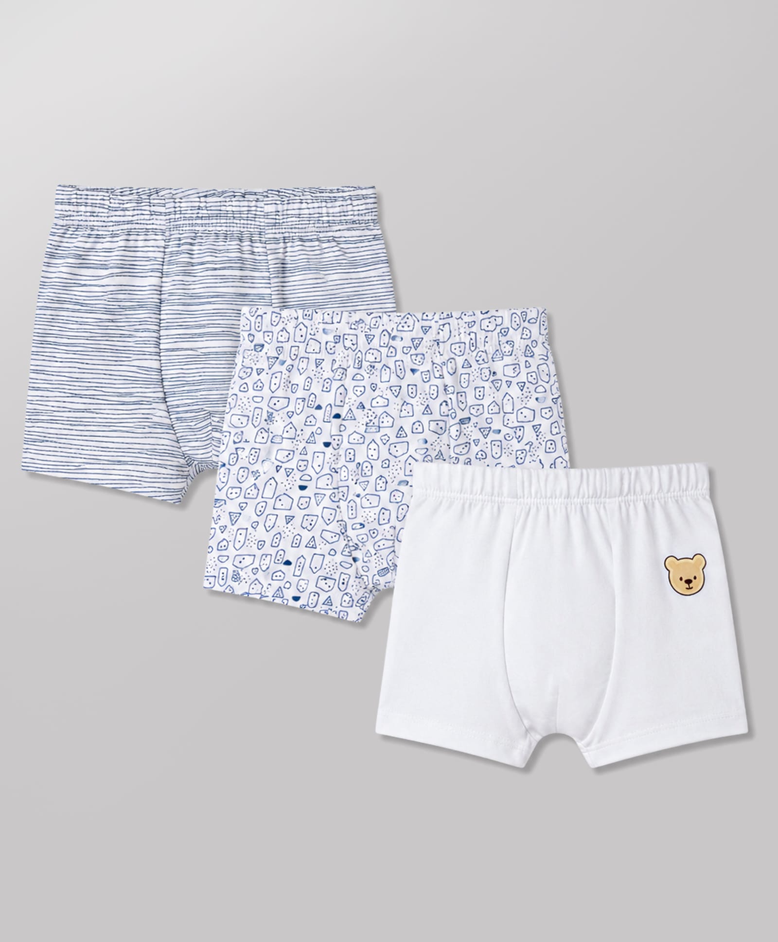 Babyhug 100% Cotton Knit Striped & Animal Printed Trunks Pack Of 3 - White & Blue-image-27