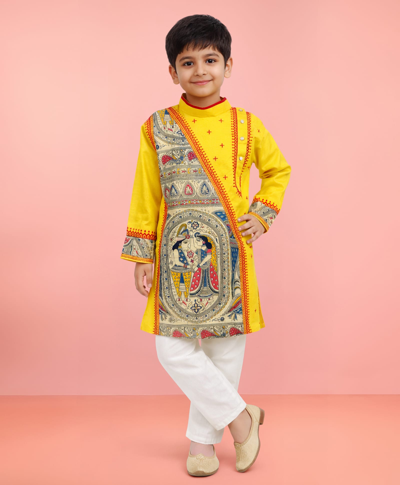 Vastramay Cotton Woven Full Sleeves Madhubani Printed Kurta & Pyjama Set - Yellow-picture-25