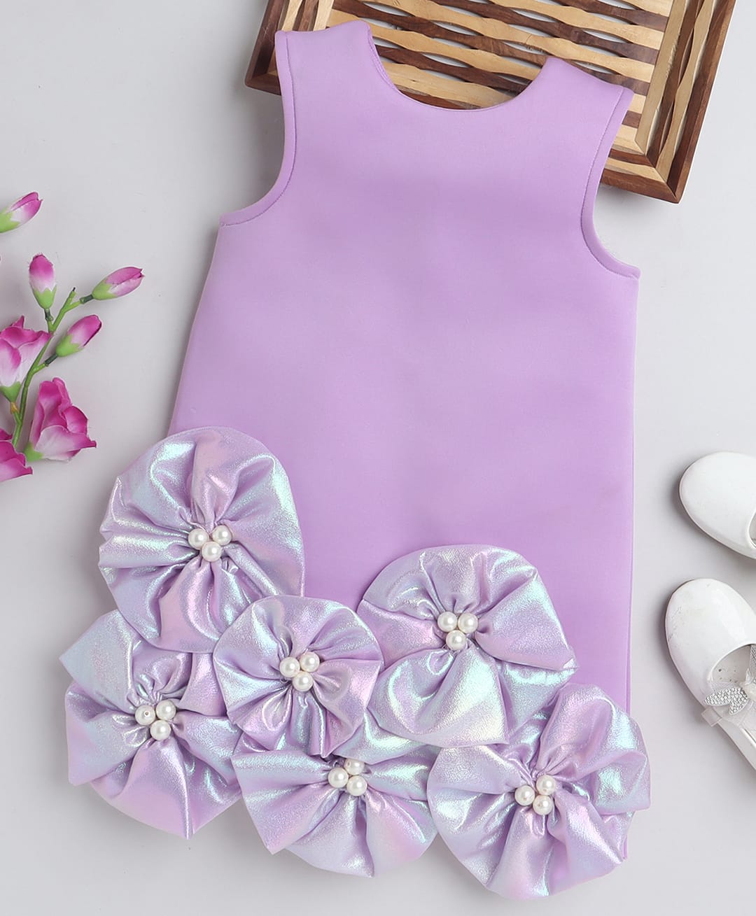 NAVKIYA G Neoprene Woven Sleeveless Floral Applique Detailed Pearl Embellished Dress - Lavender-image-27