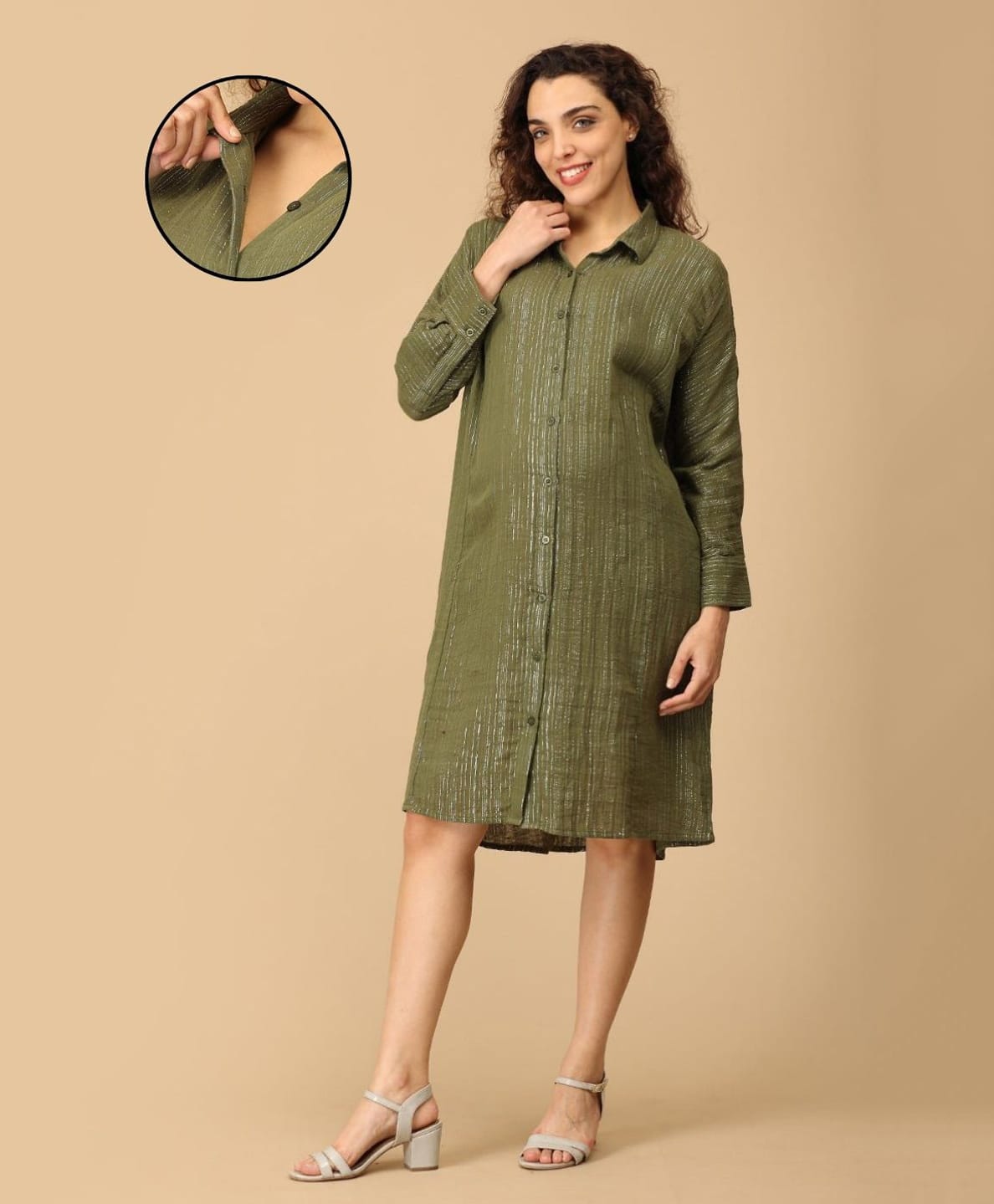 The Mom Store Cotton Woven Full Sleeves Striped Dress With Front Opening Nursing Access - Olive-picture-30