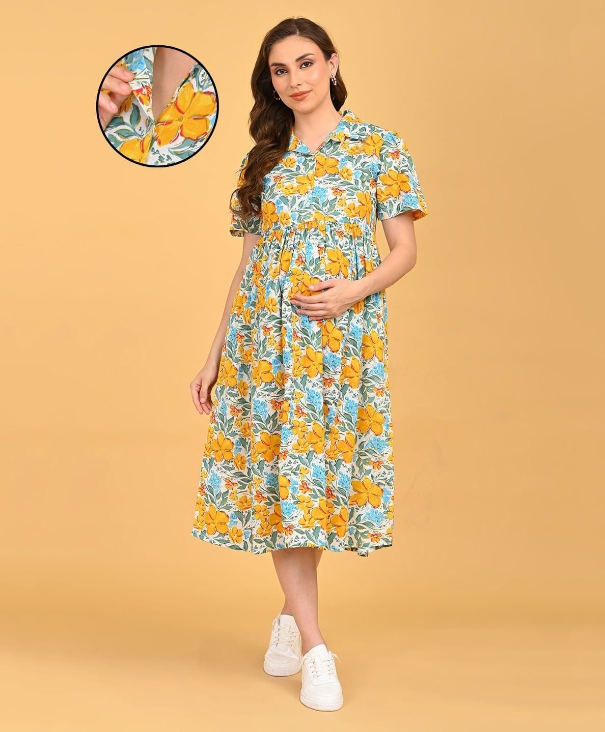 The Mom Store Cotton Woven Half Sleeves Floral Printed Dress With Front Opening Nursing Access - Multi Colour-picture-48