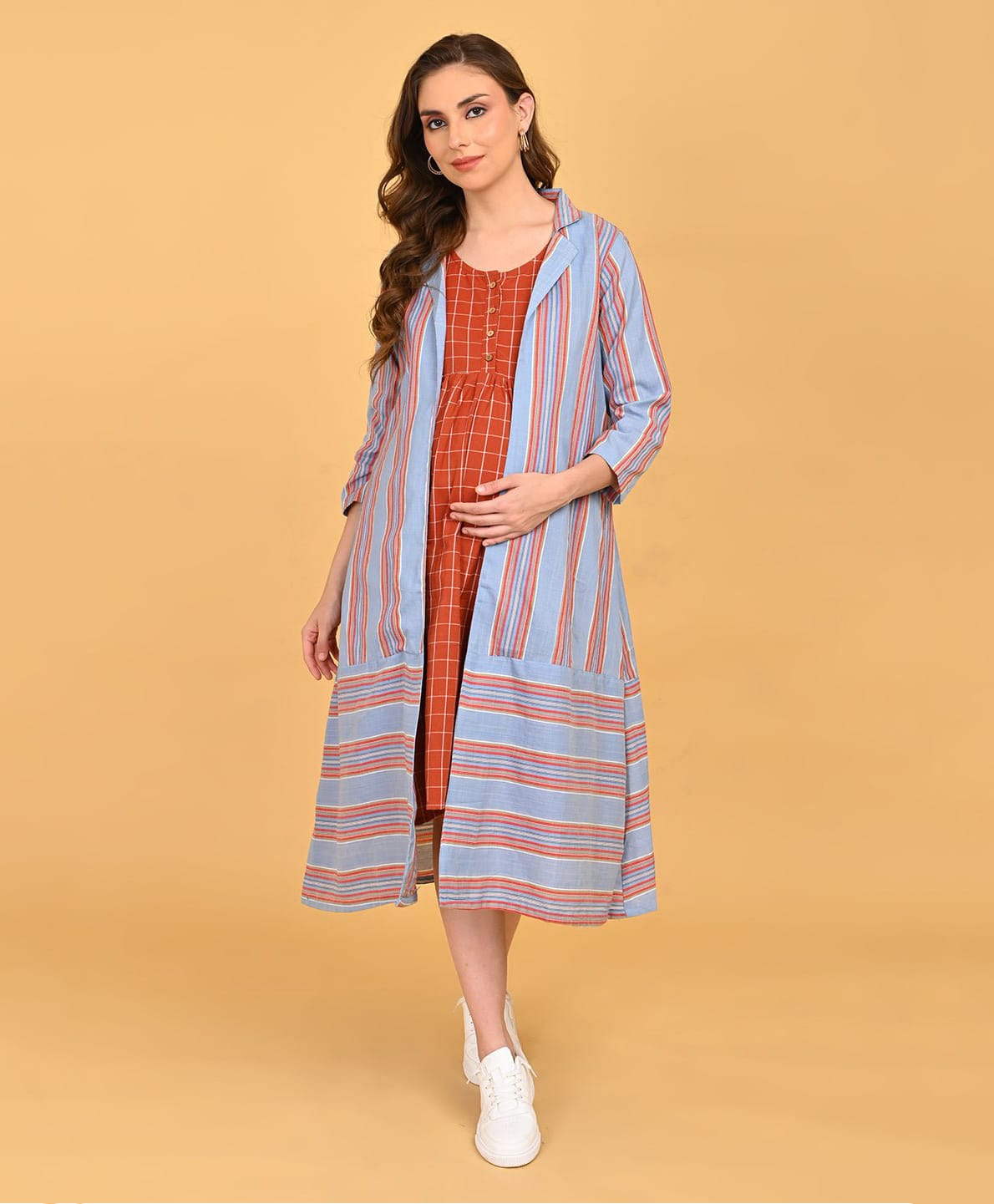 The Mom Store Cotton Woven Three Fourth Sleeves Checked Maternity Dress With Front Open Nursing Access & Shacket - Multi Colour-picture-38