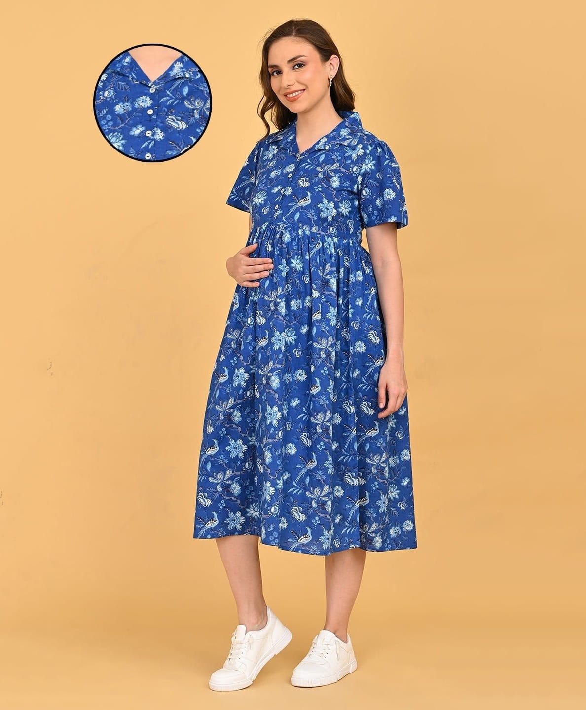 The Mom Store Cotton Woven Half Sleeves Floral Printed Dress With Front Opening Nursing Access - Blue-picture-44