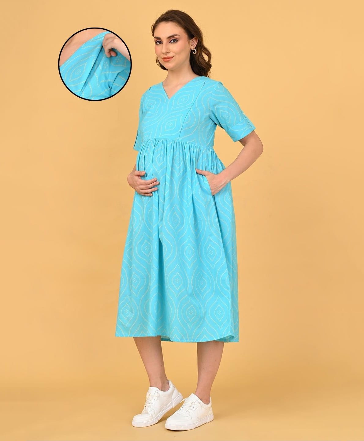 The Mom Store Cotton Woven Half Sleeves Bandhani Printed Dress With Side Zipper Nursing Access - Aqua Blue-picture-11