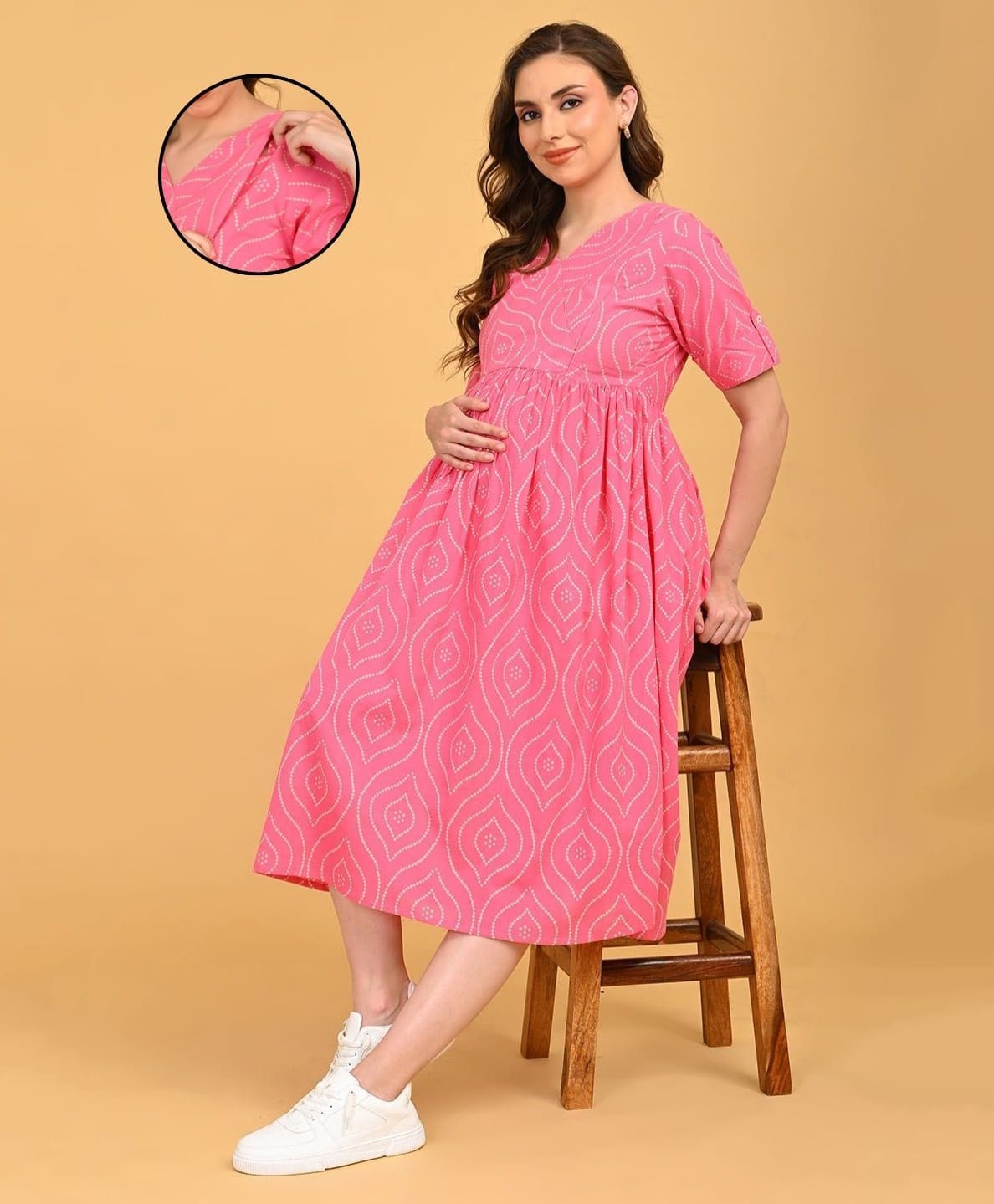The Mom Store Cotton Woven Half Sleeves Bandhani Printed Dress With Side Zipper Nursing Access - Pink-picture-39