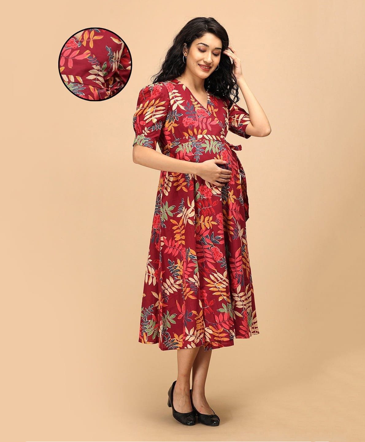 The Mom Store Cotton Woven Half Sleeves Leaves Printed Dress With Side Overlap Nursing Access - Multi Colour-image-26
