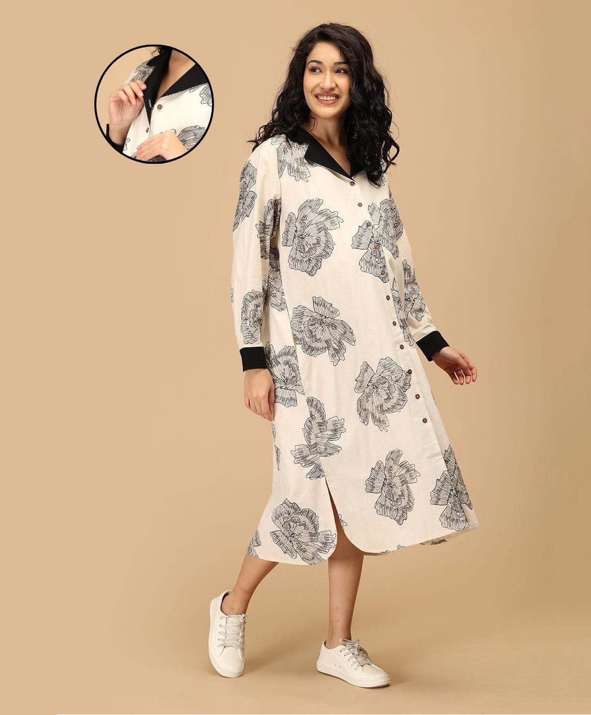 The Mom Store Cotton Woven Full Sleeves Floral Printed Dress With Front Opening Nursing Access - Off White-image-45