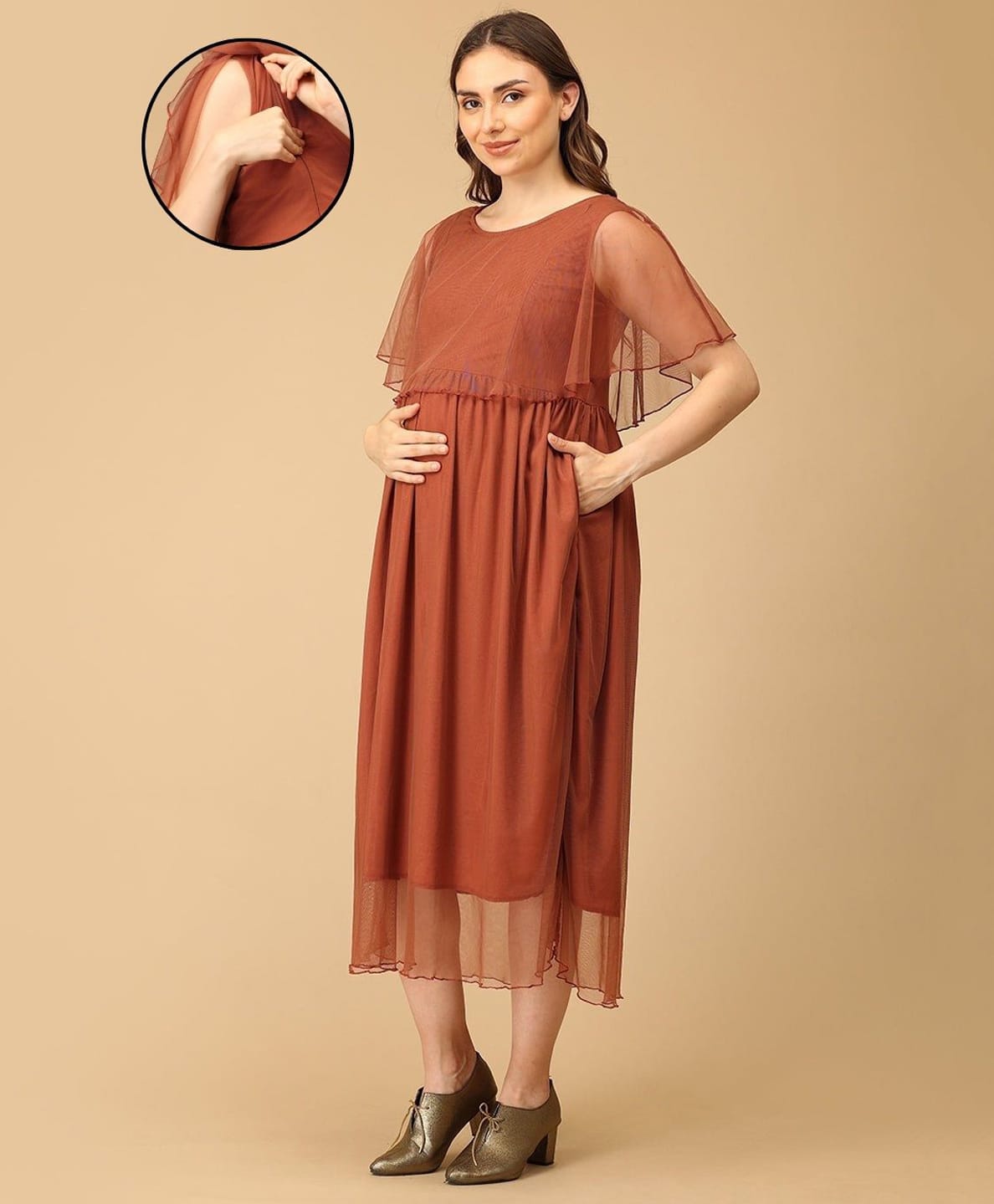The Mom Store Cotton Woven Sleeveless Solid Dress With Side Zipper Nursing Access - Brown-picture-33