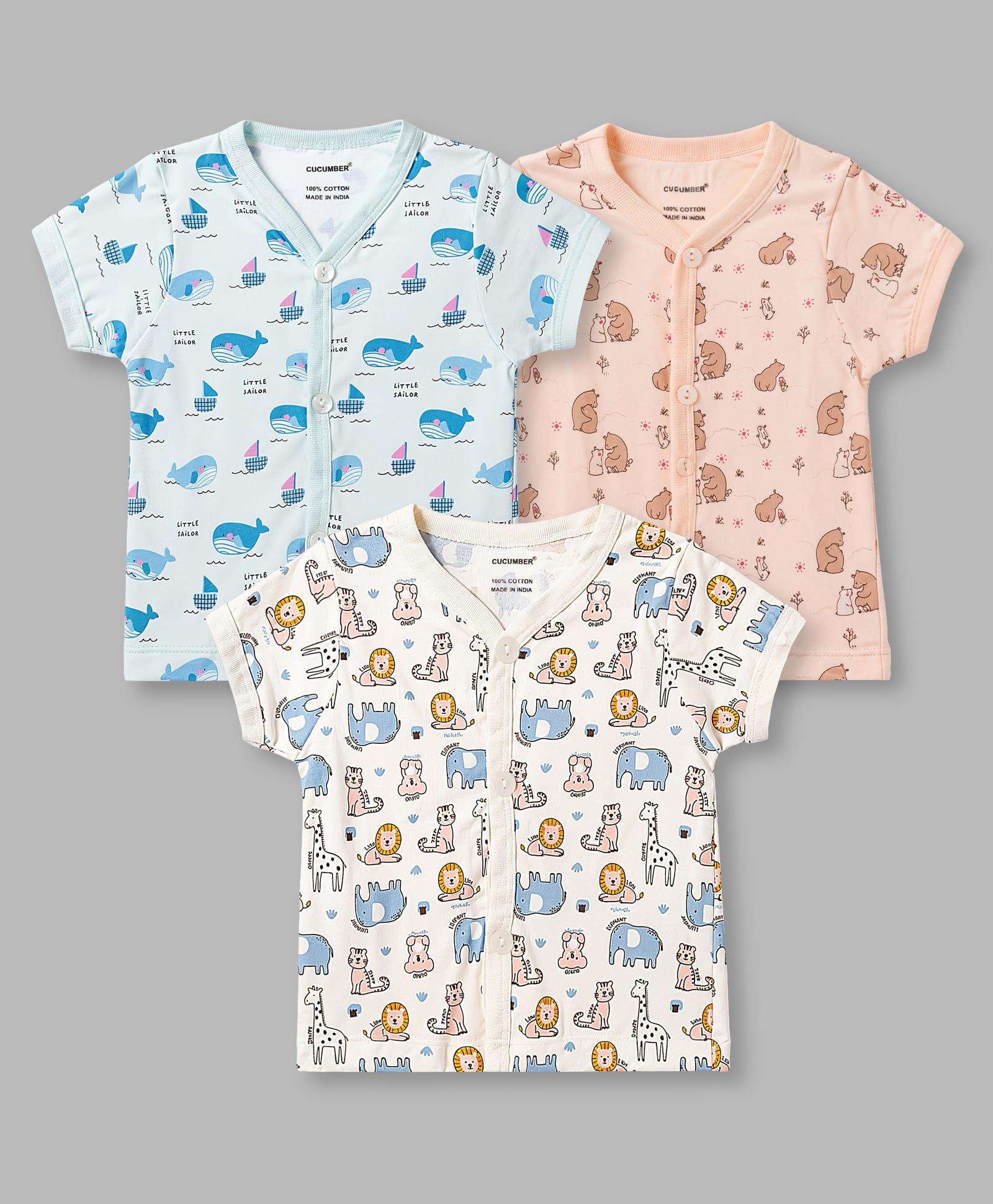 CUCUMBER Sinker Knit Half Sleeves Vest with Space Theme Print Pack of 3- Sky Peach & Cream-picture-20