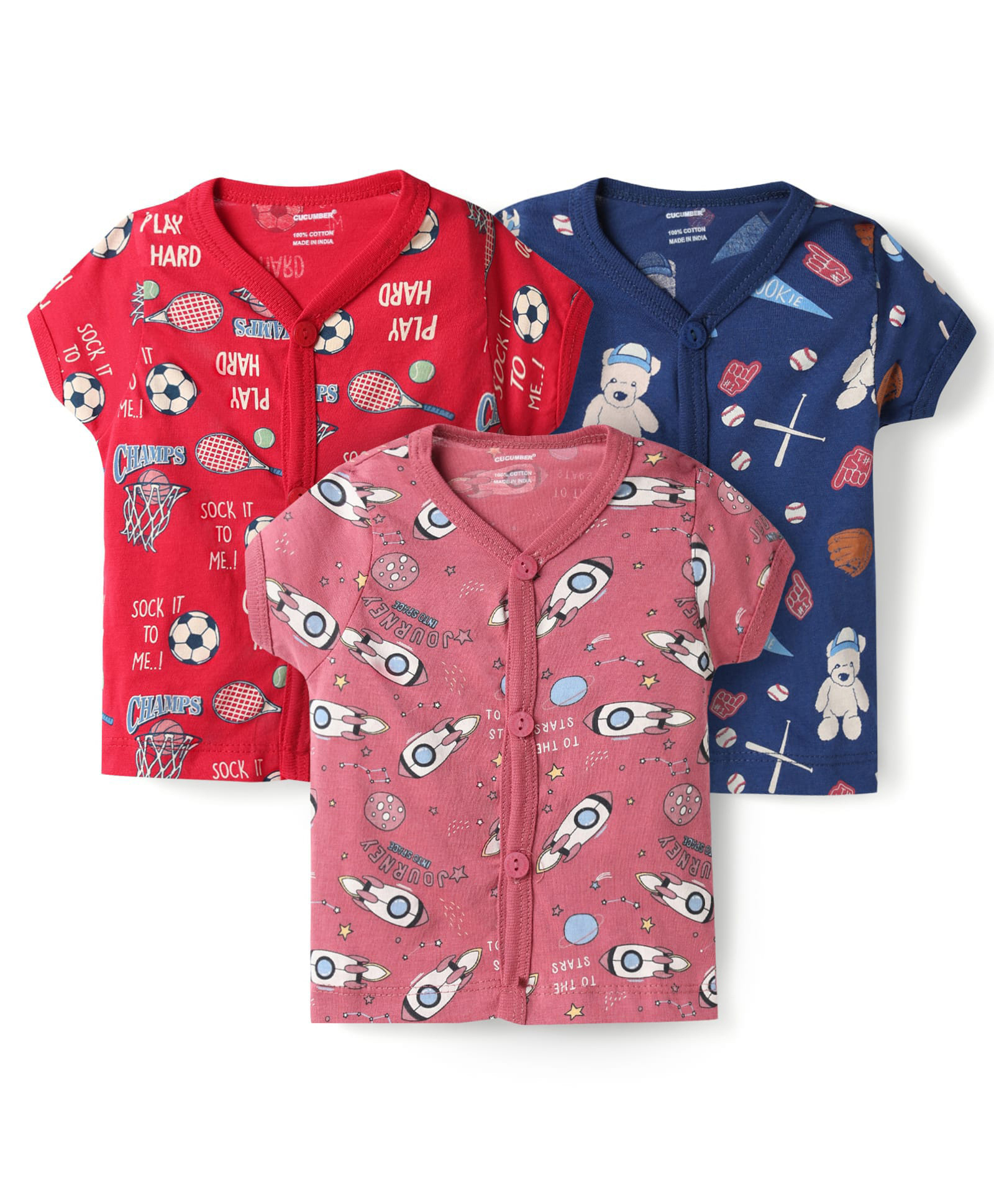 CUCUMBER Sinker Knit Half Sleeves Jhablas with Space Bear Print Pack of 3 - Red & Navy-picture-25
