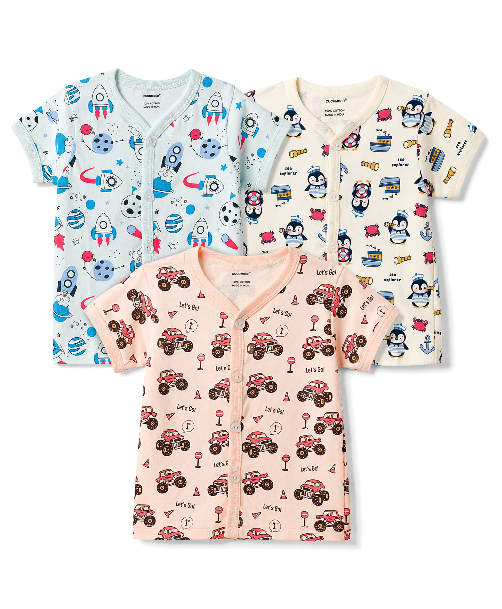 CUCUMBER Sinker Knit Half Sleeves Jhablas with Space Boat & Animals Print Pack of 3- Blue Black & Green-image-6