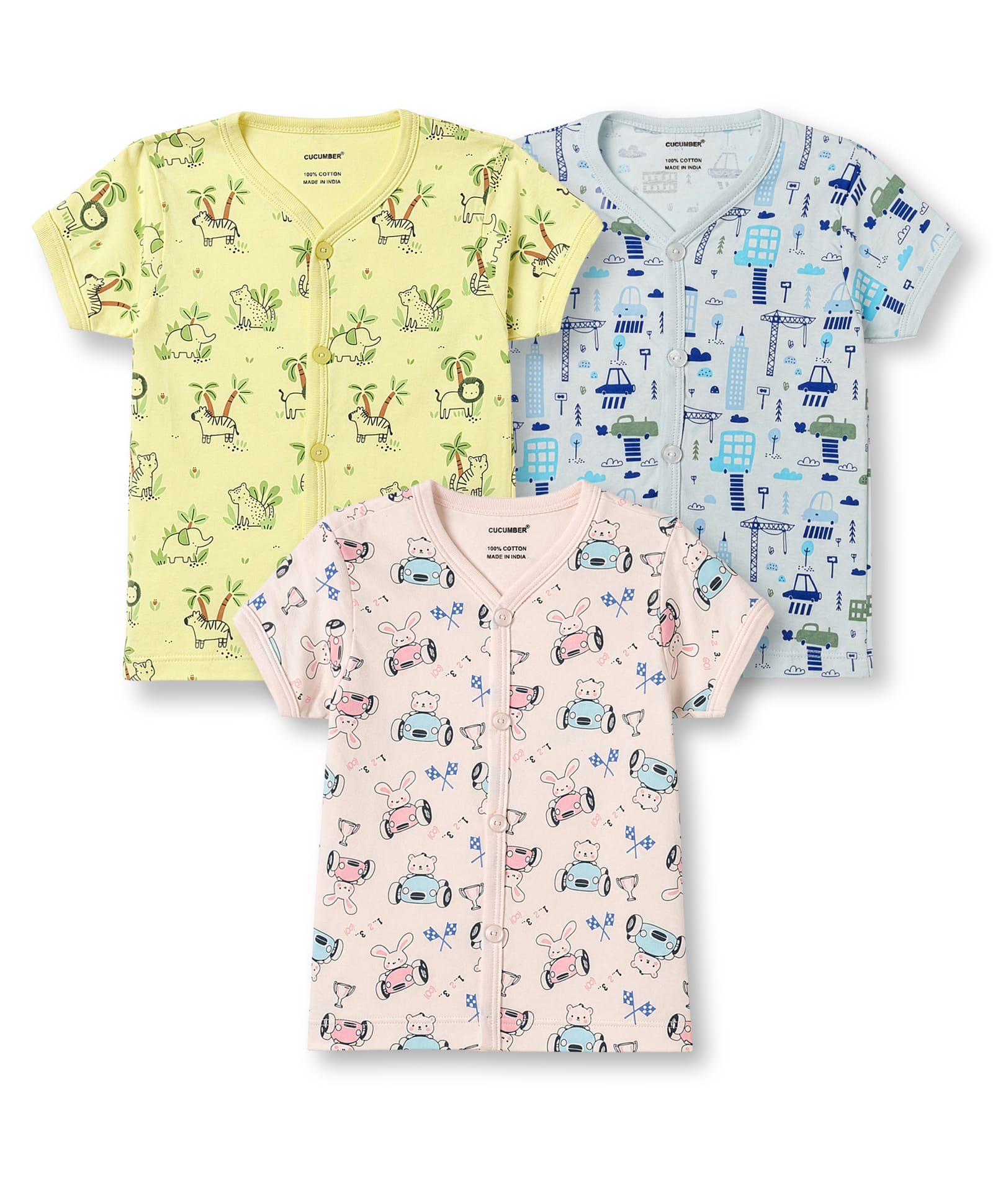 CUCUMBER Sinker Knit Half Sleeves Sinker Jhablas with Jungle Bunny & Car Print Pack of 3 -Pink Pista & Blue-image-7