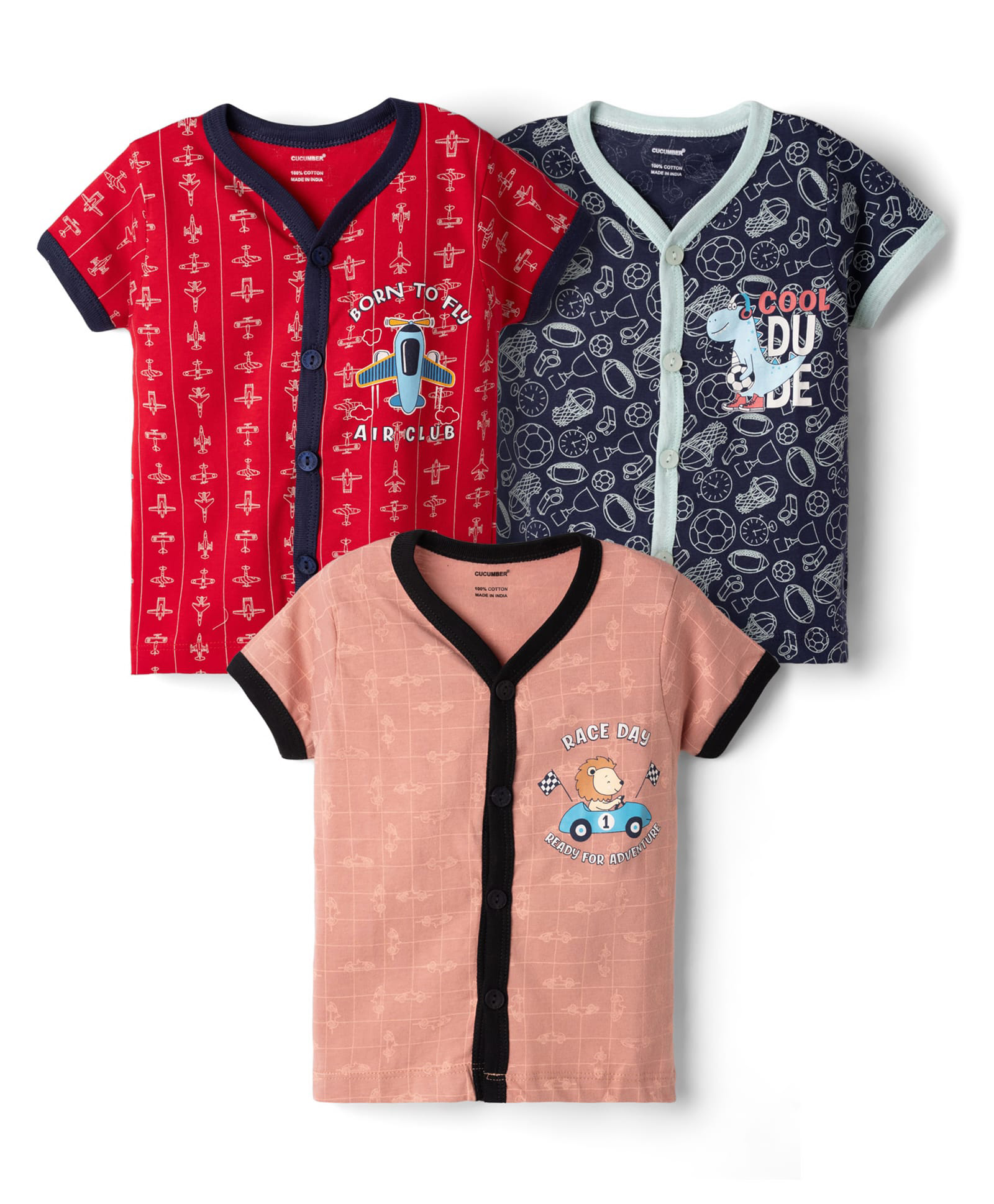 CUCUMBER Sinker Knit Half Sleeves Jhablas with Dino & Helicopter Print Pack of 3 - Red & Navy-picture-16
