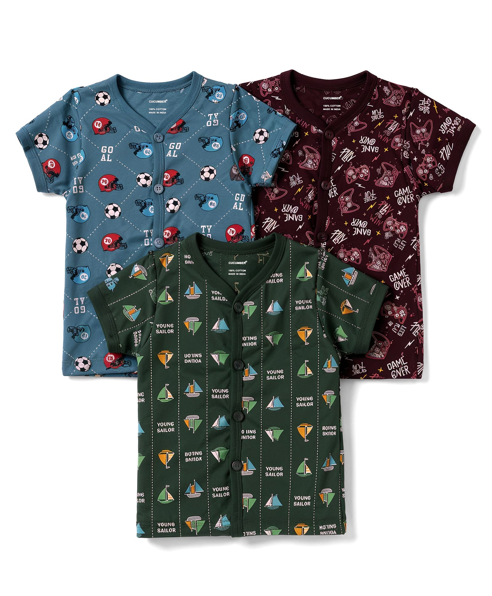 CUCUMBER Sinker Knit Half Sleeves Boat Printed Jhablas Pack of 3 - Blue & Dark Green-image-37