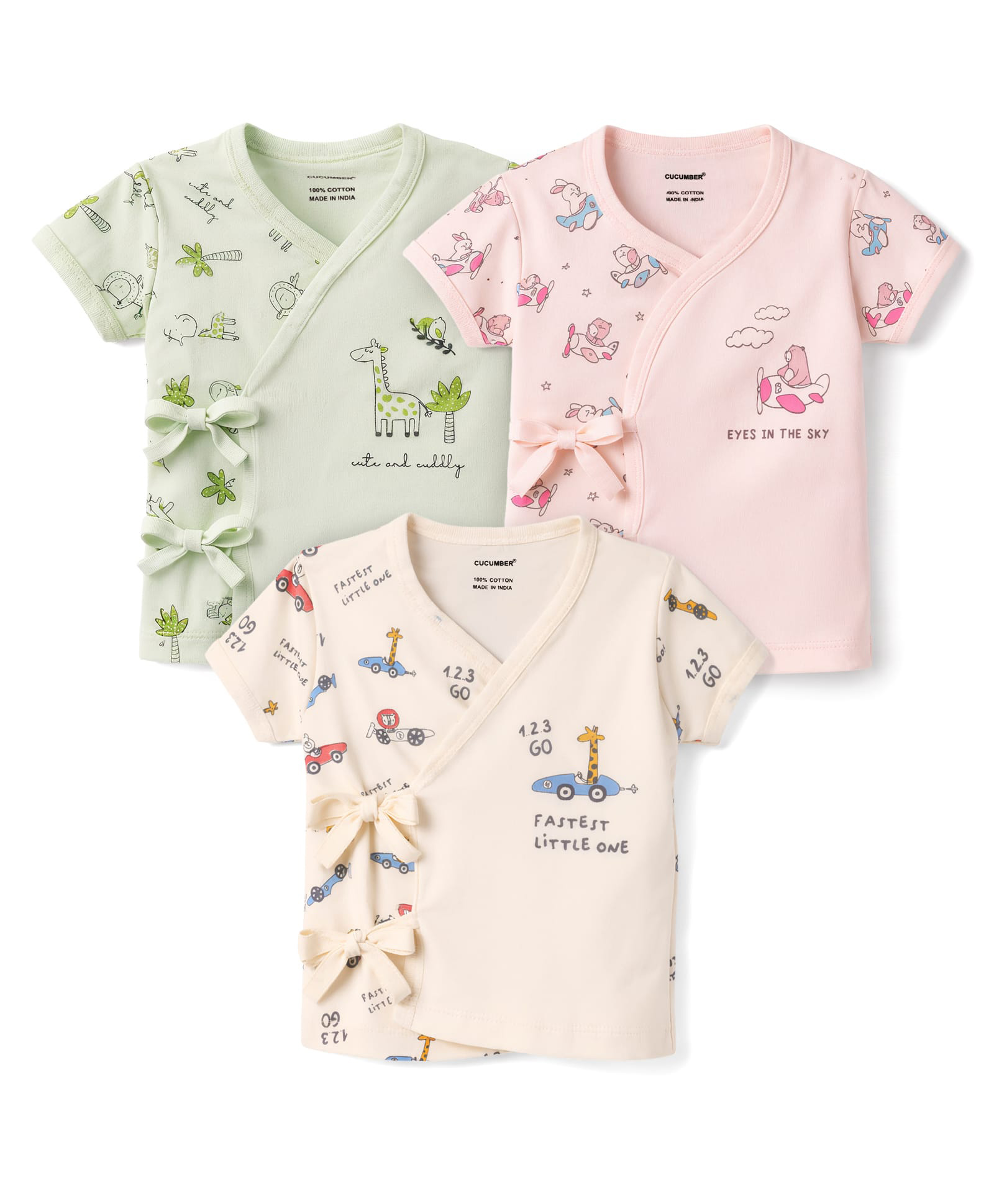 CUCUMBER Sinker Knit Half Sleeves Animals Printed Jhablas Pack of 3 - Pista Pink & Cream-image-25