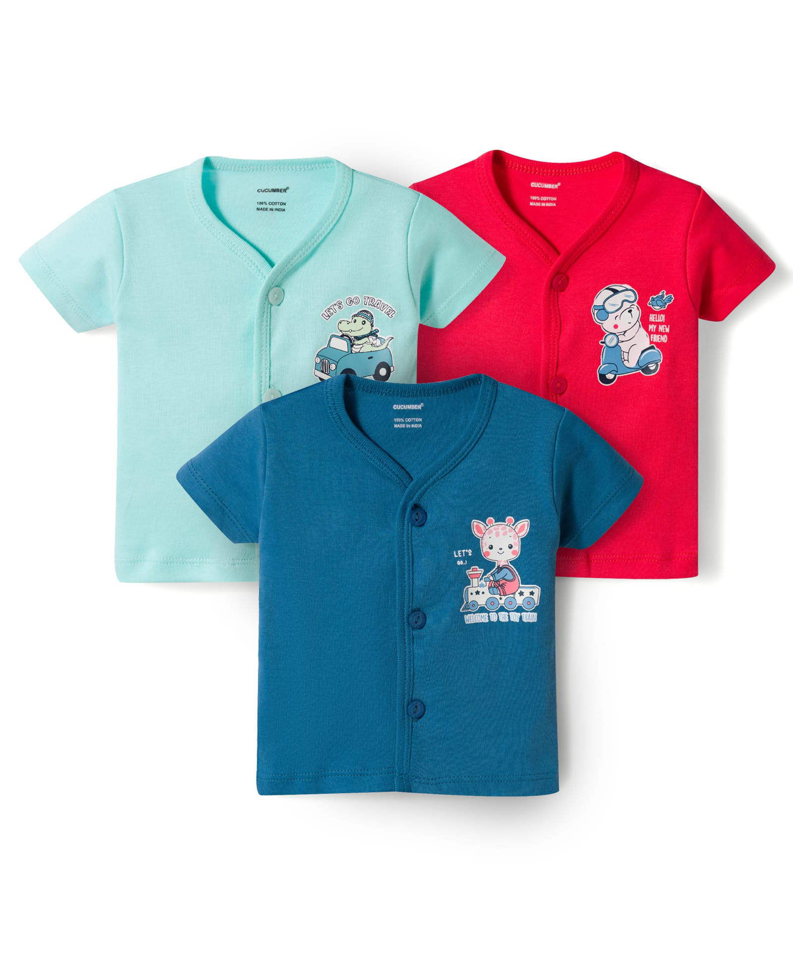 CUCUMBER Sinker Knit Half Sleeves Animals Printed Jhablas Pack of 3 - Red & Blue-picture-38