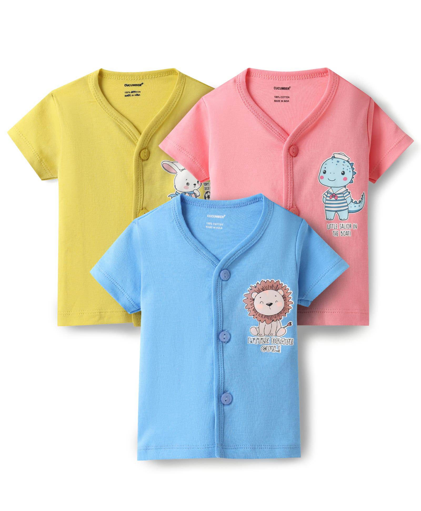 CUCUMBER Sinker Knit Half Sleeves Bunny & Lion Printed Jhablas Pack of 3 - Blue Peach & Green-image-45