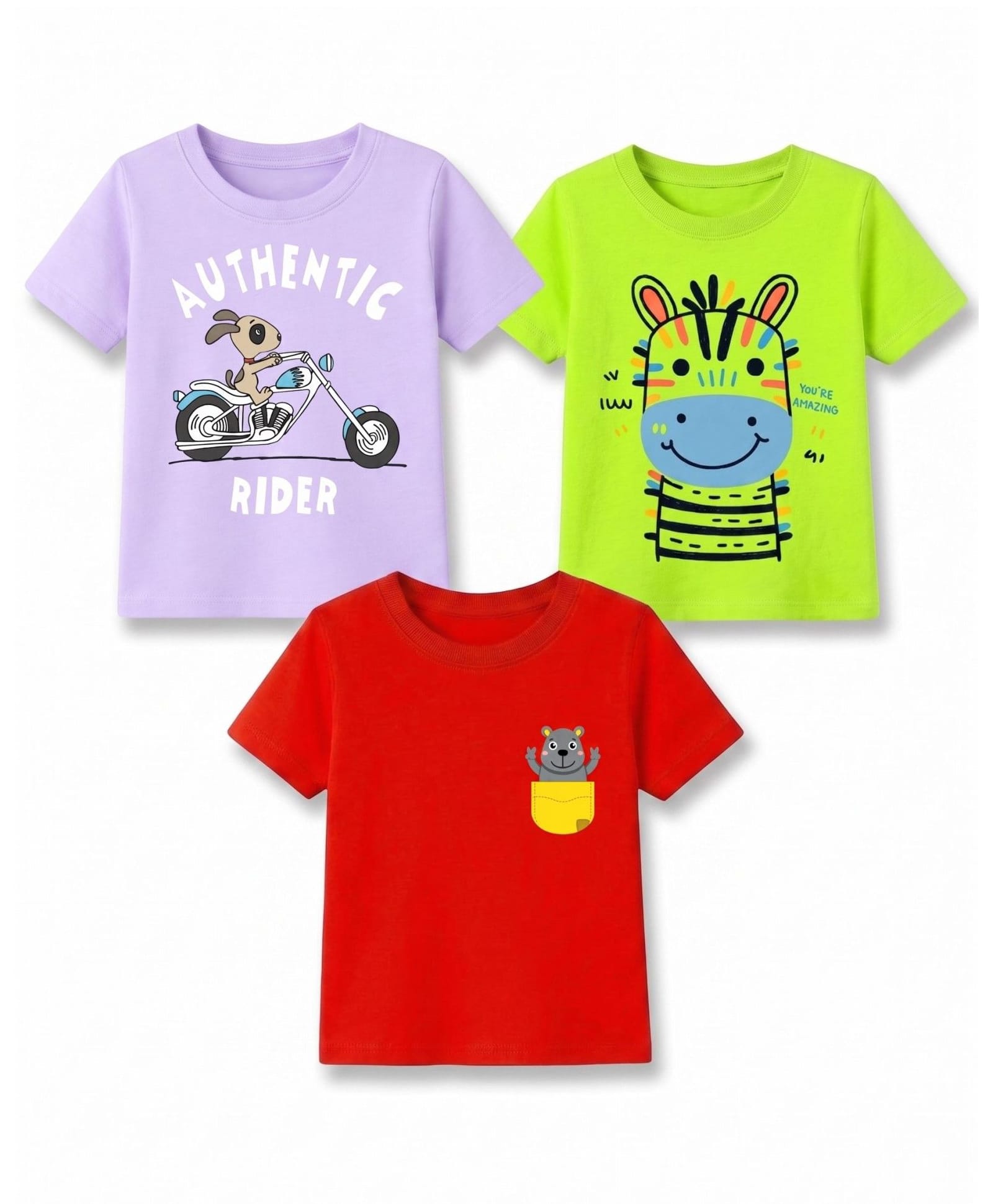 KAVEE Cotton Knit Pack Of 3 Half Sleeves Animals & Bike Printed Tees - Red Neon Green & Lavender-picture-28