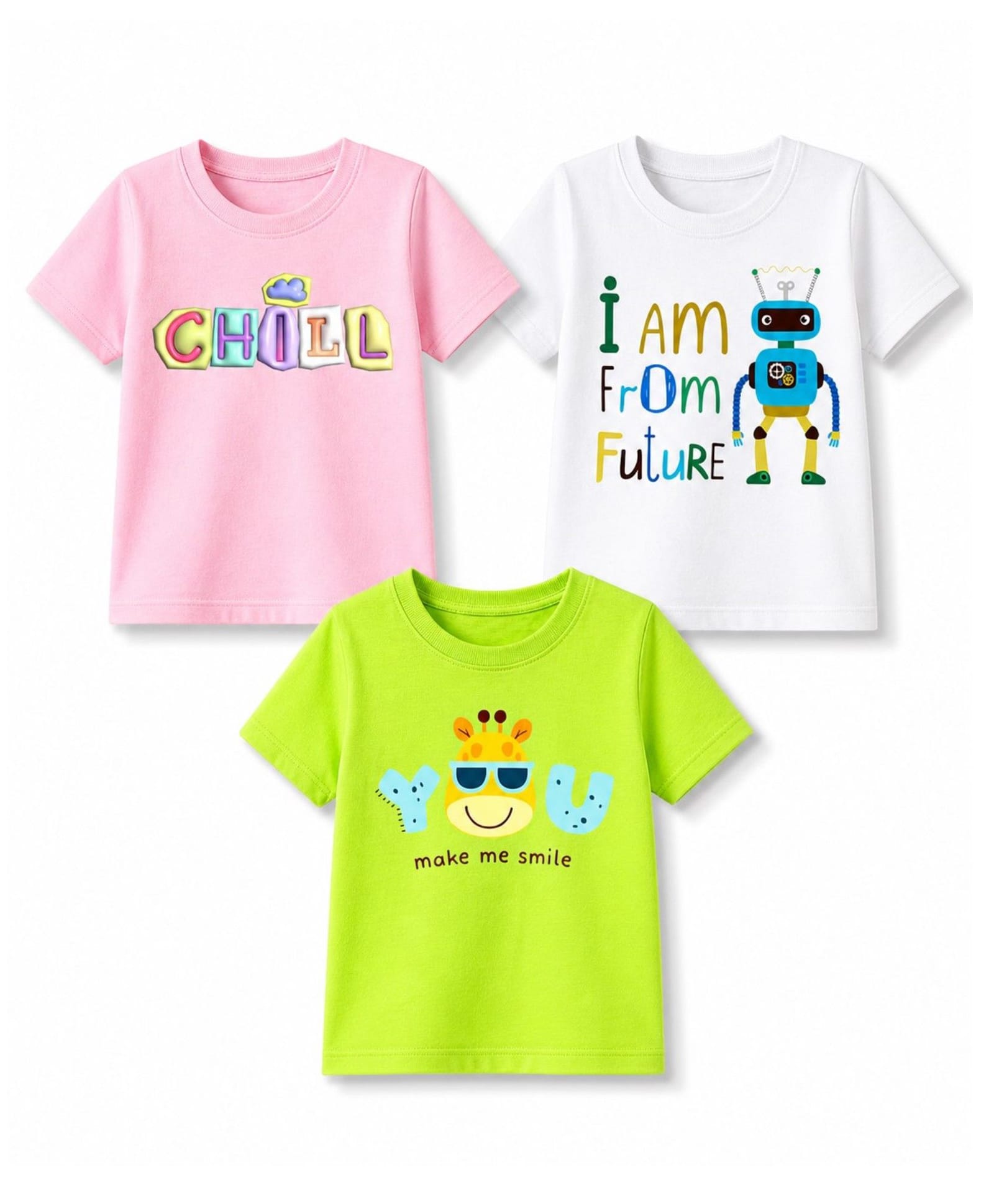 KAVEE Cotton Knit Pack Of 3 Half Sleeves Typography & Robot Printed Tees - Neon Green White & Pink-picture-25
