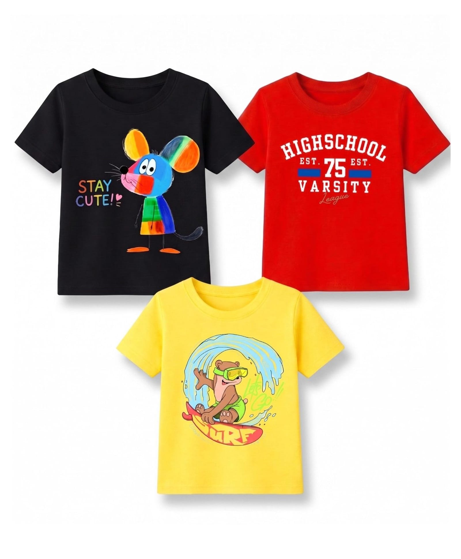KAVEE Cotton Knit Pack Of 3 Half Sleeves Typography & Animal Printed Tees - Black Red & Yellow-image-36