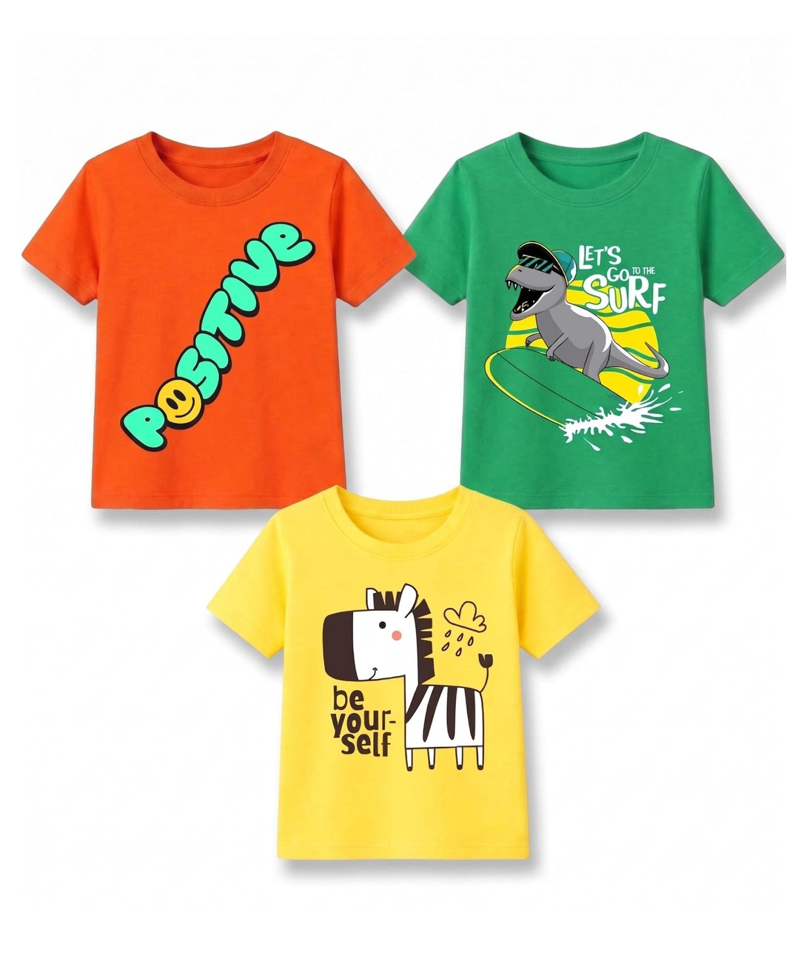 KAVEE Cotton Knit Pack Of 3 Half Sleeves Typography & Zebra Printed Tees - Green Orange & Yellow-picture-18