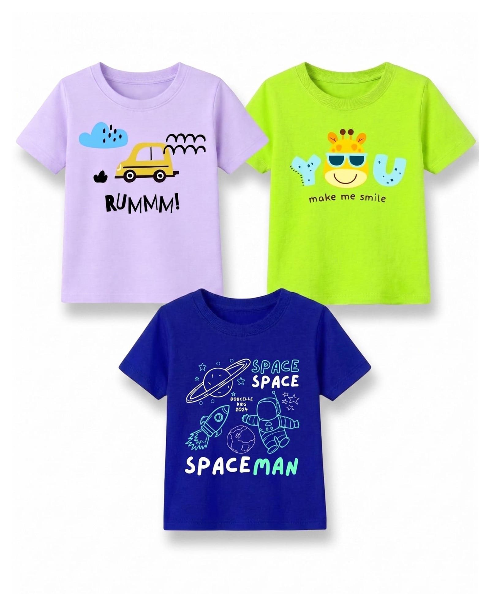 KAVEE Cotton Knit Pack Of 3 Half Sleeves Typography & Zebra Printed Tees - Royal Blue Neon Green & Lavender-picture-27