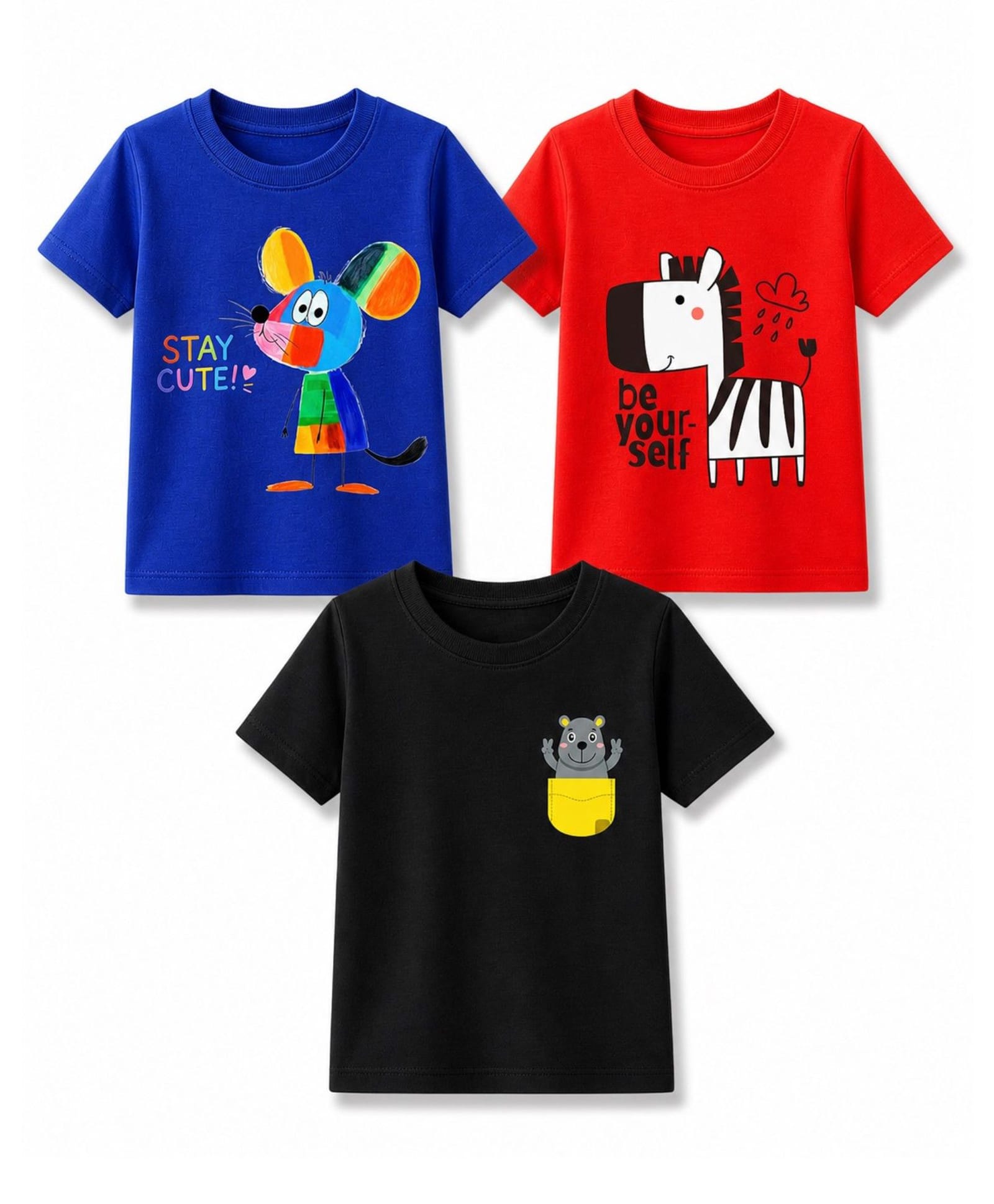 KAVEE Cotton Knit Pack Of 3 Half Sleeves Stay Cute Text & Zebra Printed Tees - Black Red & Royal Blue-image-43