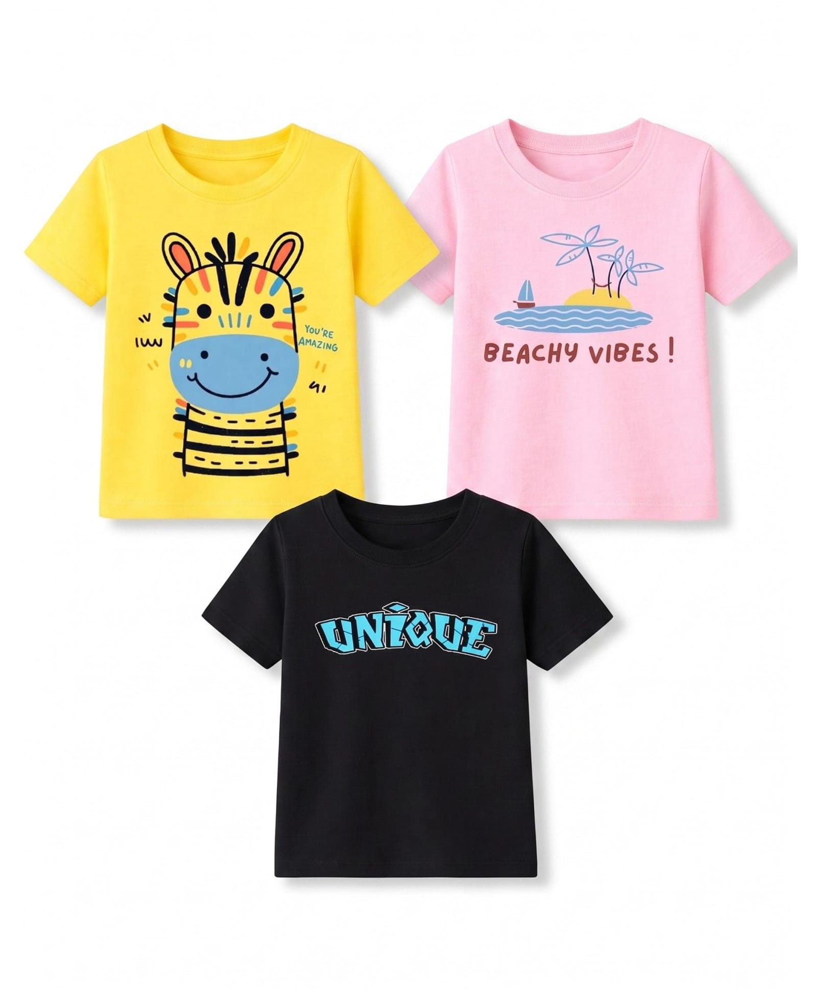 KAVEE Cotton Knit Pack Of 3 Half Sleeves Typography & Giraffe Printed Tees - Black Yellow & Pink-picture-27