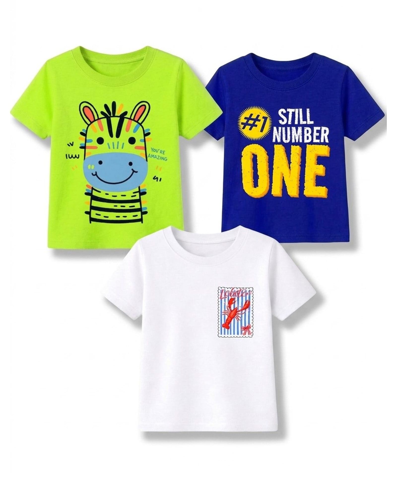 KAVEE Cotton Knit Pack Of 3 Half Sleeves Still Number One Text & Zebra Printed Tees - Royal Blue Neon Green & White-image-41