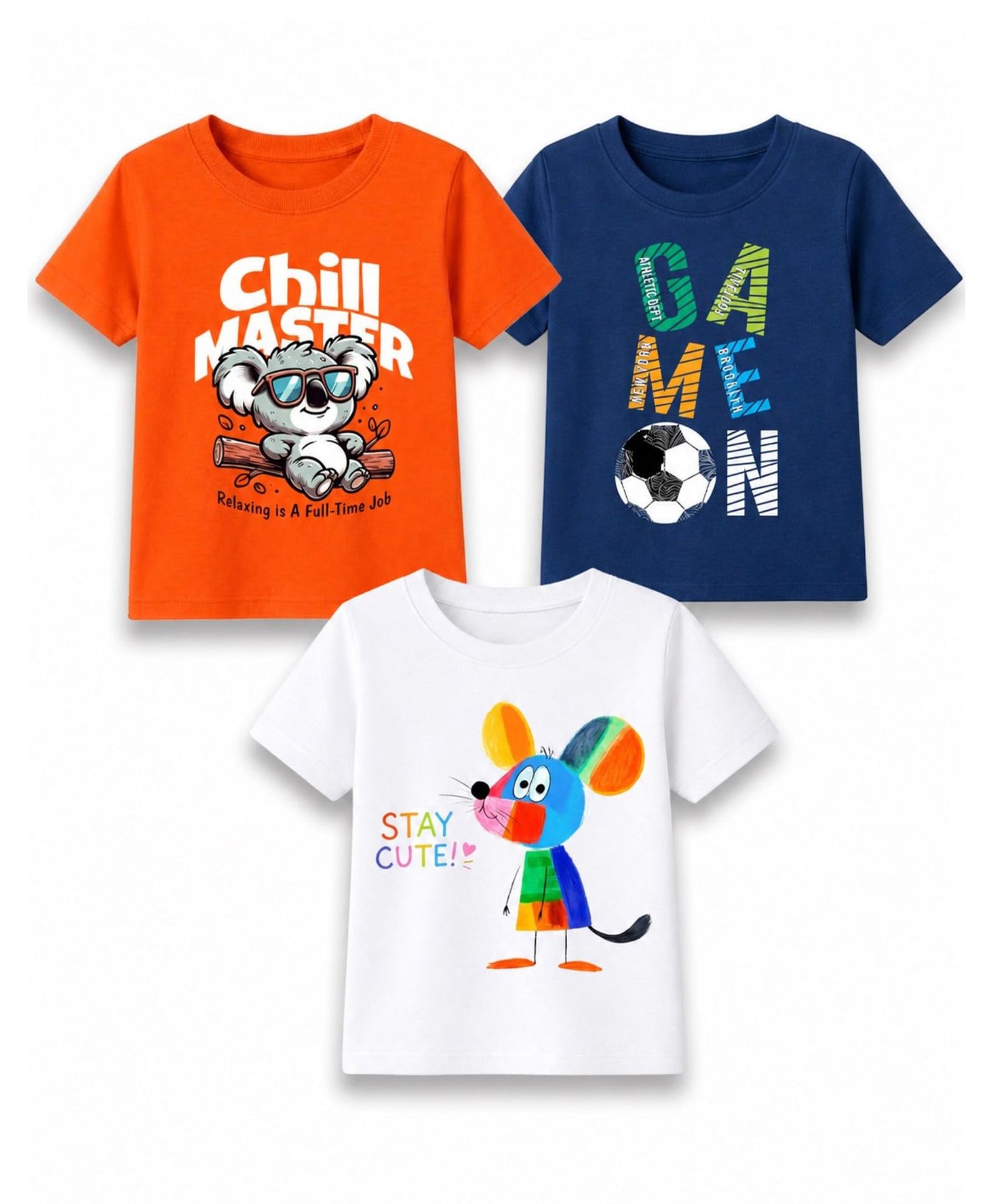 KAVEE Cotton Knit Pack Of 3 Half Sleeves Game On Text & Koala Printed Tees - Royal Blue Neon Green & White-picture-11