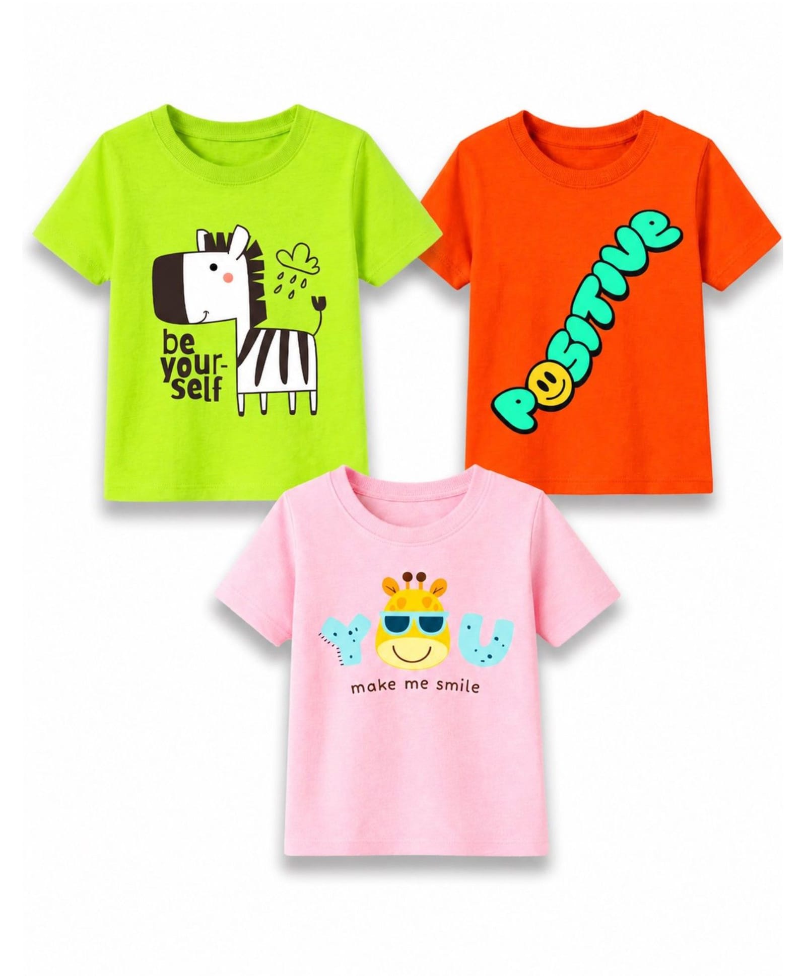 KAVEE Cotton Knit Pack Of 3 Half Sleeves Positive Text & Zebra Printed Tees - Neon Green Orange & Pink-image-45
