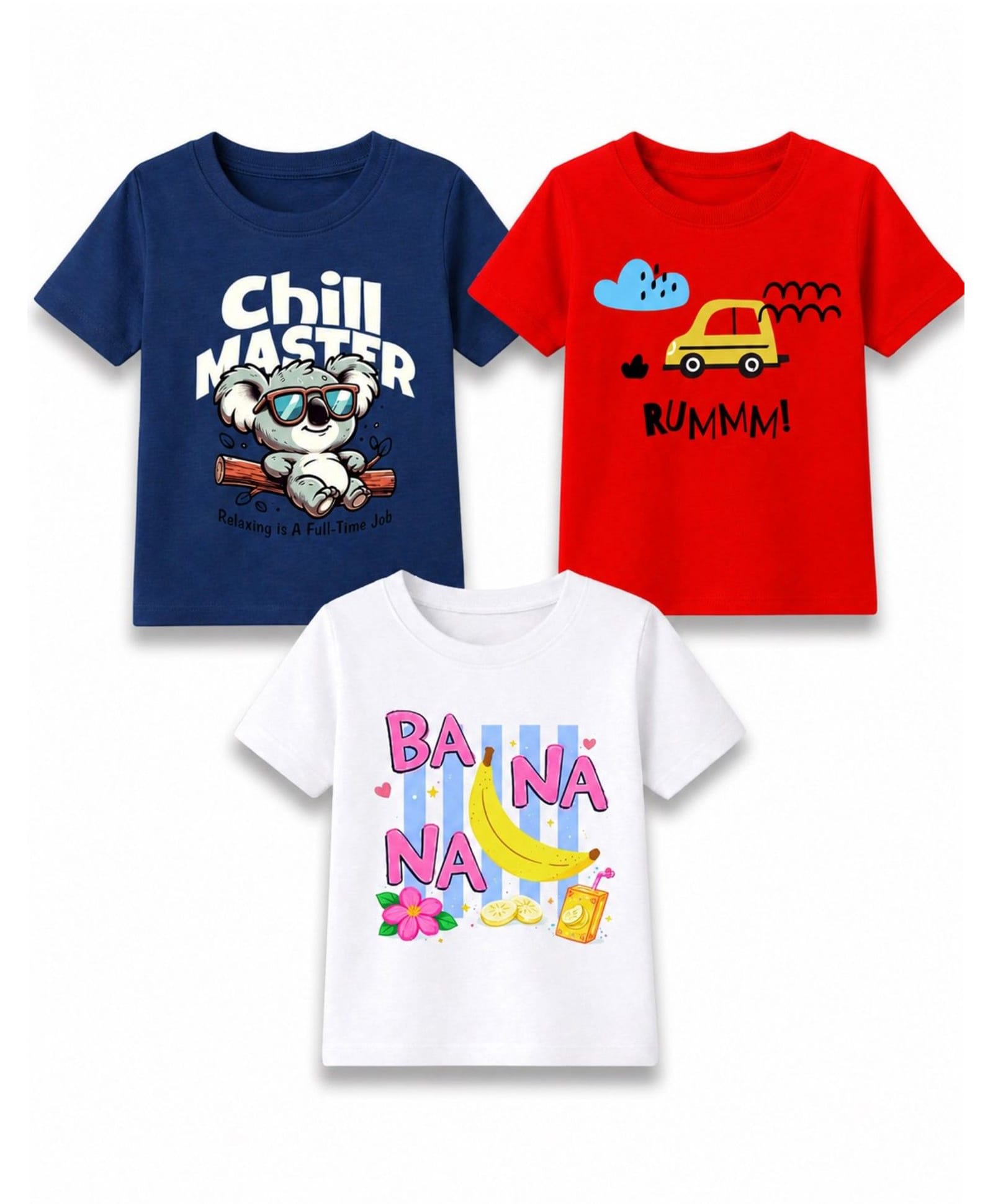 KAVEE Cotton Knit Pack Of 3 Half Sleeves Typography & Koala Printed Tees - Red Navy Blue & White-image-35