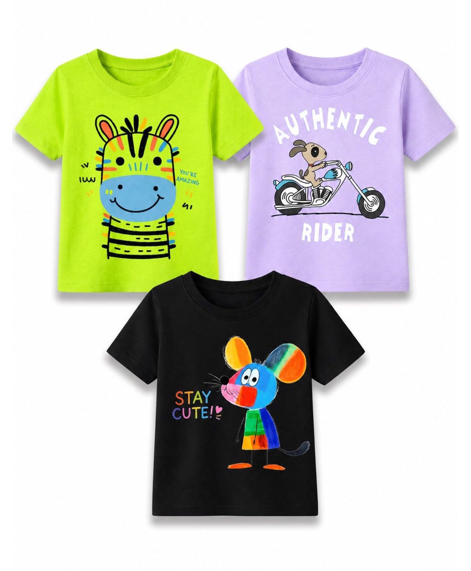 KAVEE Cotton Knit Pack Of 3 Half Sleeves Bike & Animals Printed Tees - Black Neon Green & Lavender-image-30