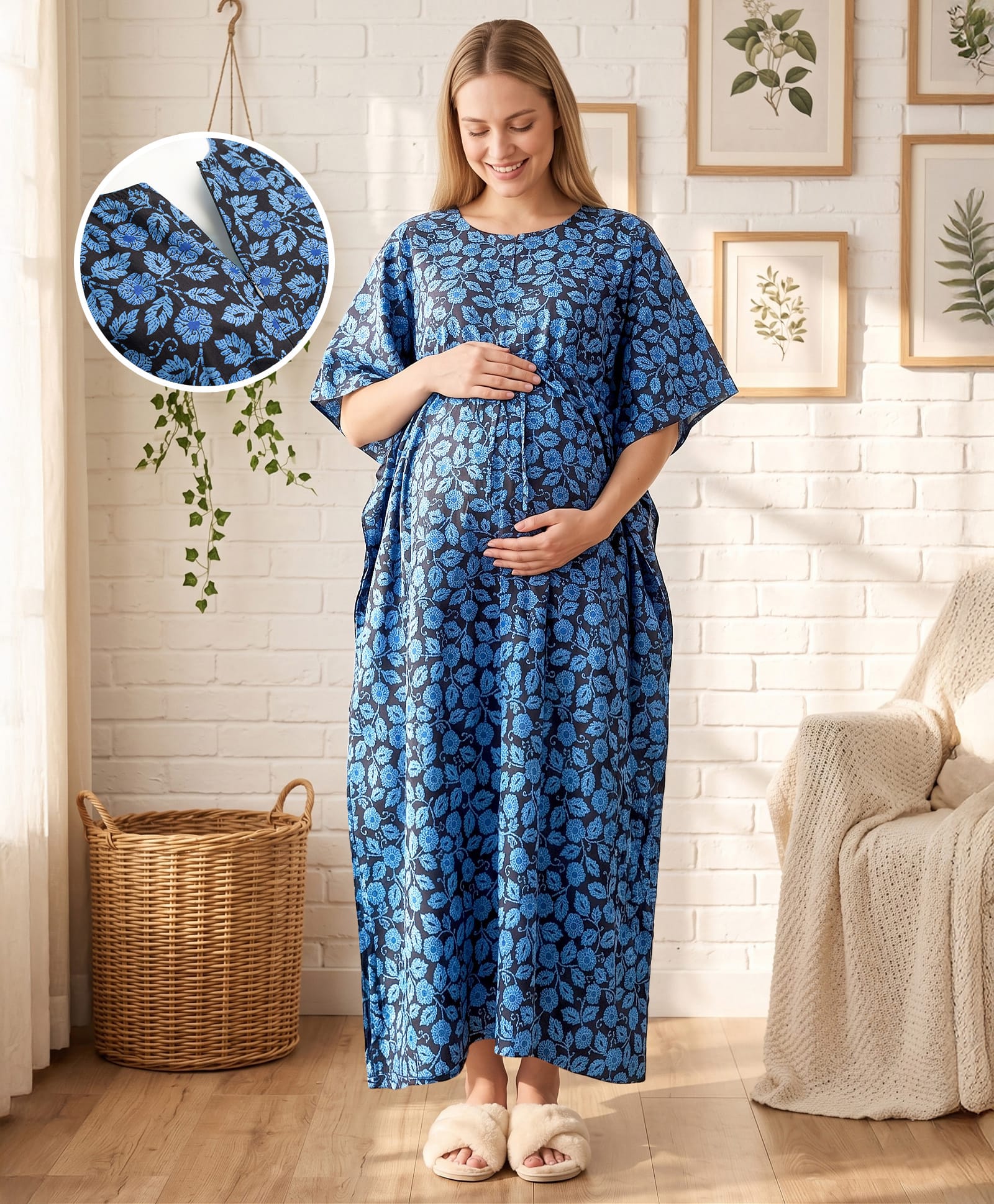 Bella Mama Cotton Woven Half Sleeves Floral Printed Maternity Nursing Kaftan - Black-picture-35
