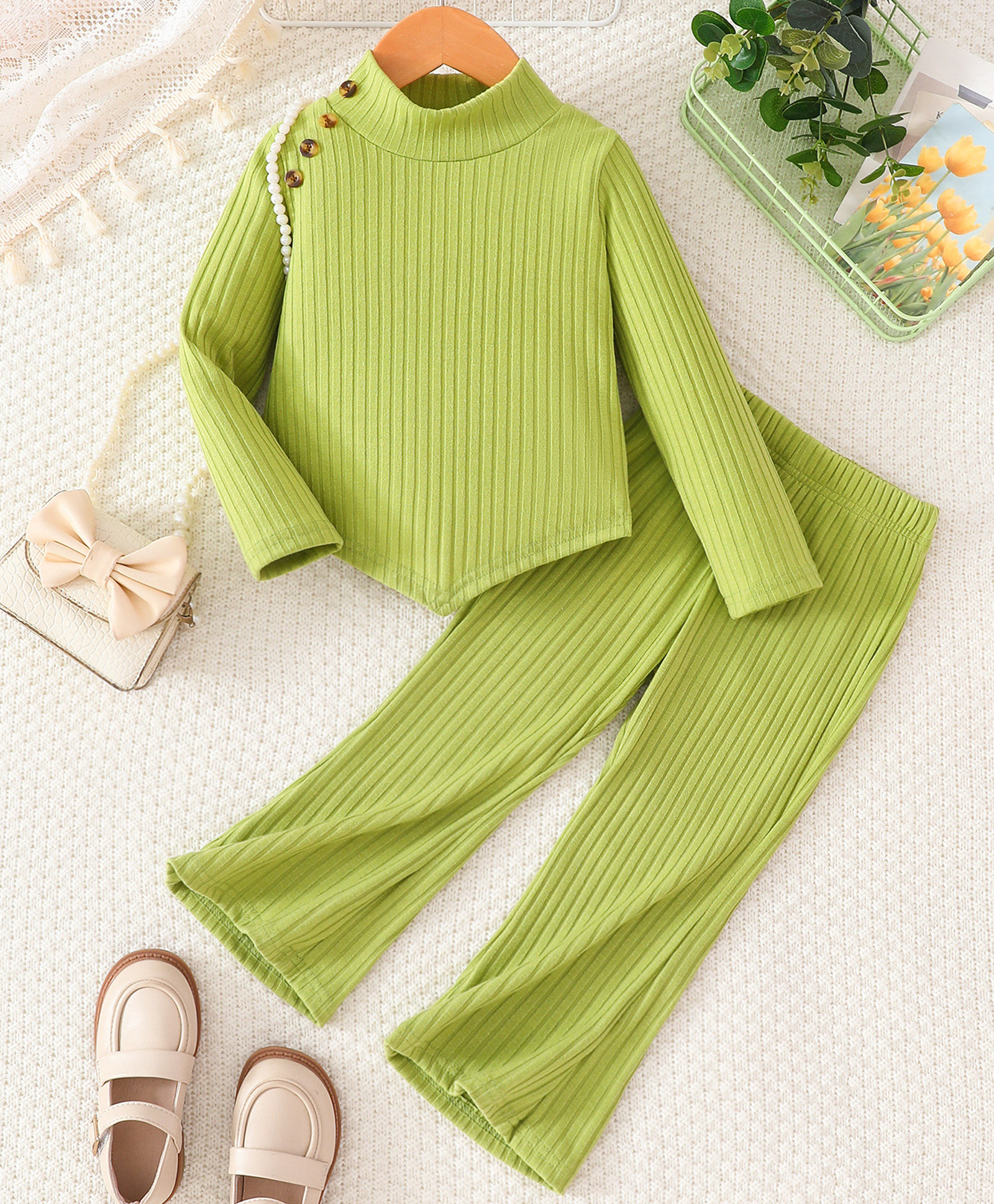Mark & Mia Full Sleeves Winter Wear Solid Colour Ribbed Top & Pant Set - Olive Green-picture-21