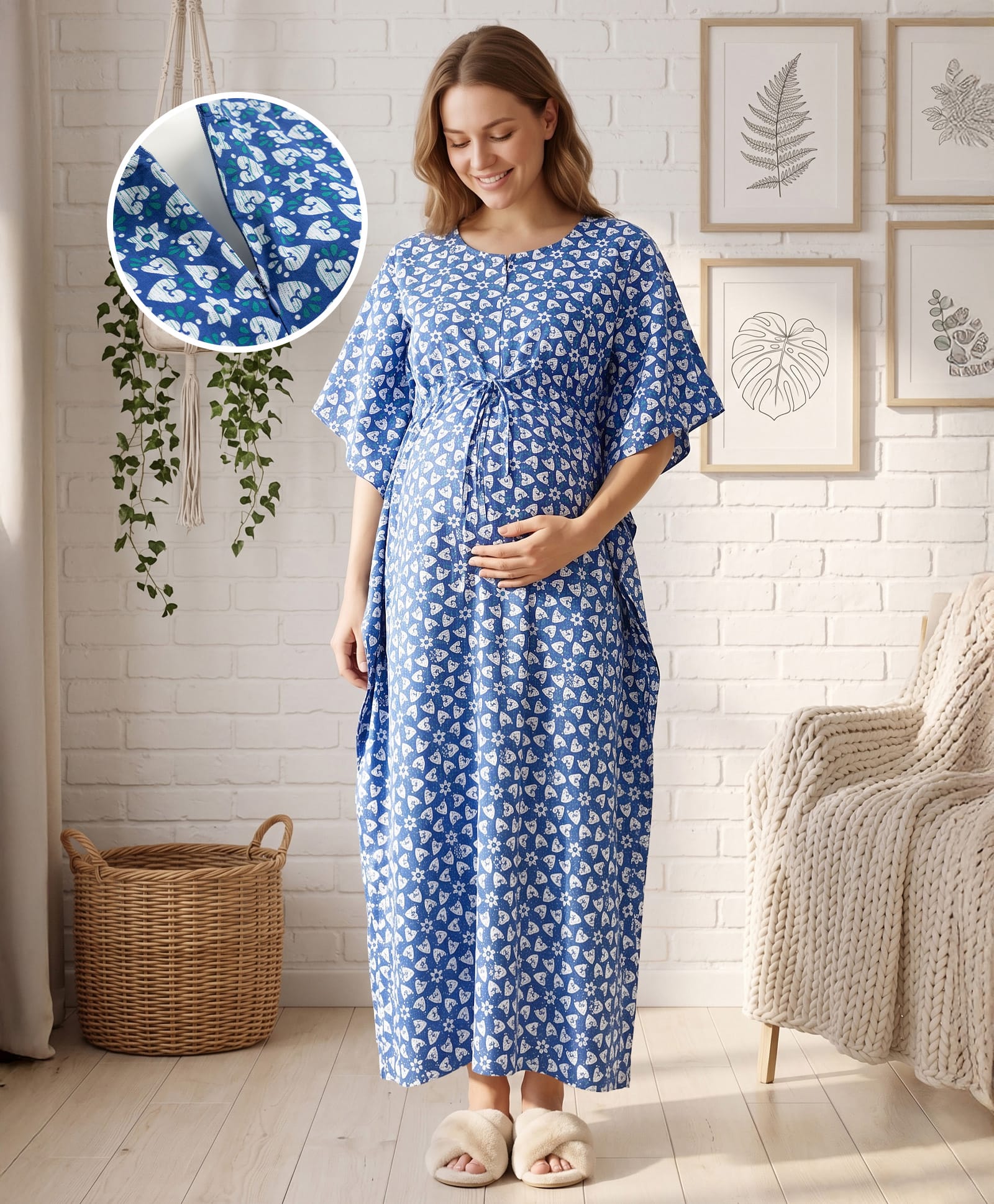 Bella Mama Cotton Woven Half Sleeves Kaftan Style Maternity Nighty Floral Print - Royal Blue-image-16