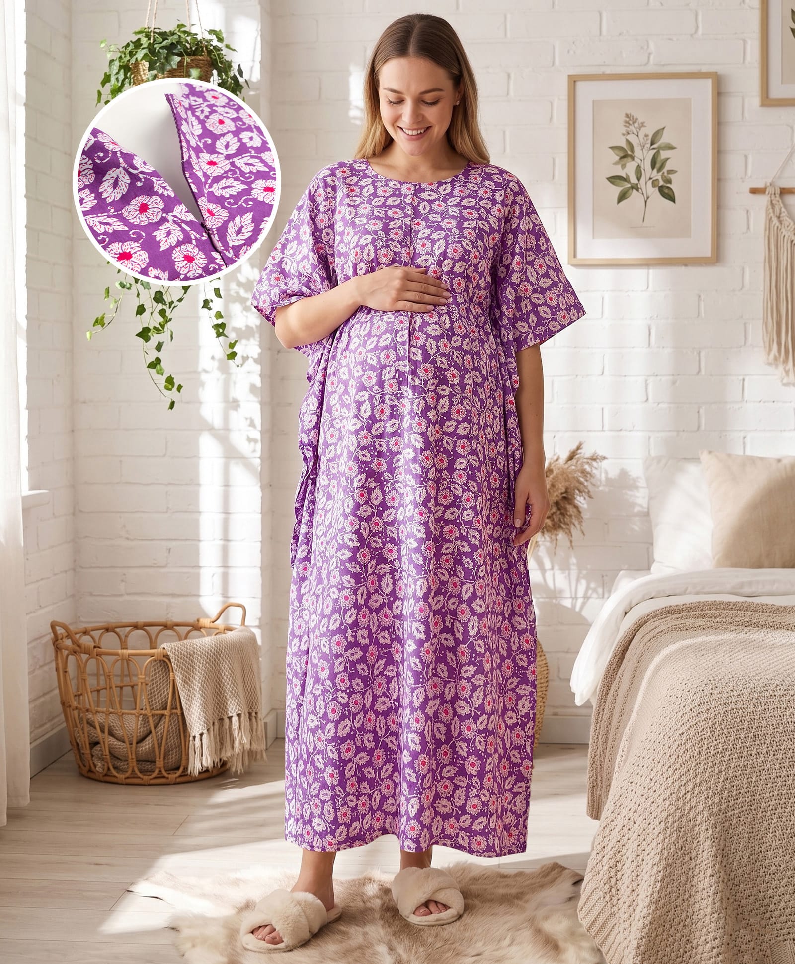 Bella Mama Cotton Woven Half Sleeves Floral Printed Maternity Nursing Kaftan - Purple-picture-21