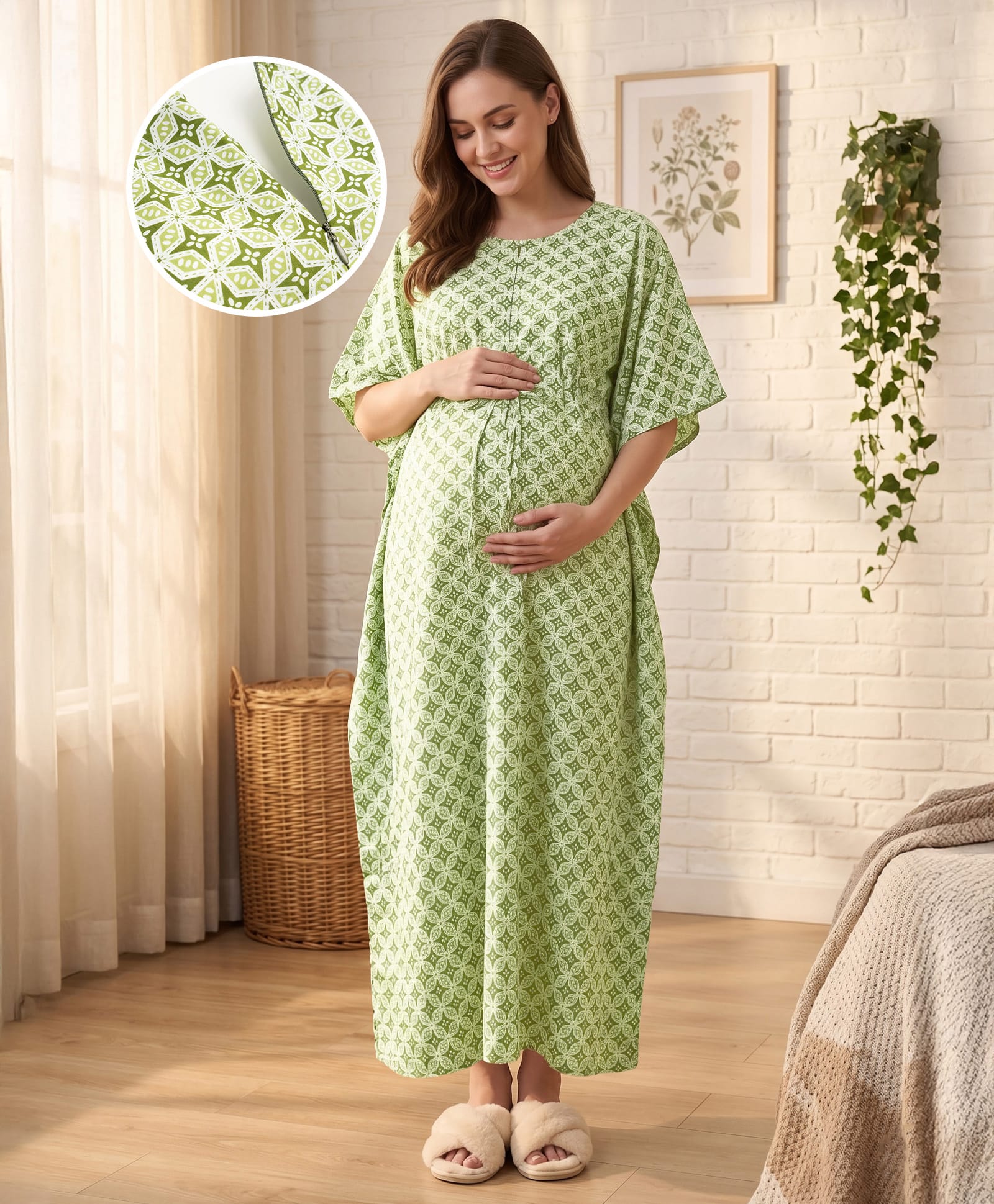 Bella Mama Cotton Woven Half Sleeves Floral Printed Maternity Nursing Kaftan - Night Green-picture-34