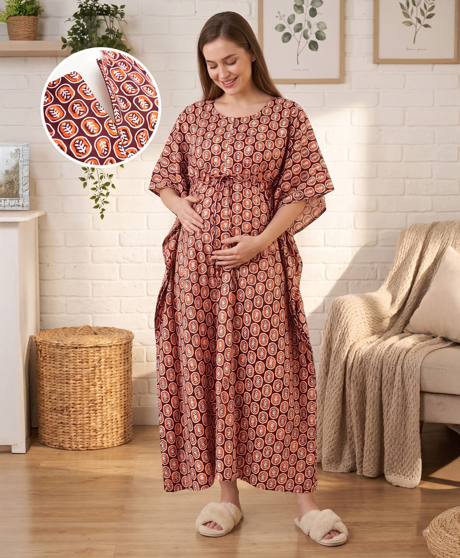 Bella Mama Cotton Woven Half Sleeves Kaftan Style Maternity Nighty Leaf Print - Brown