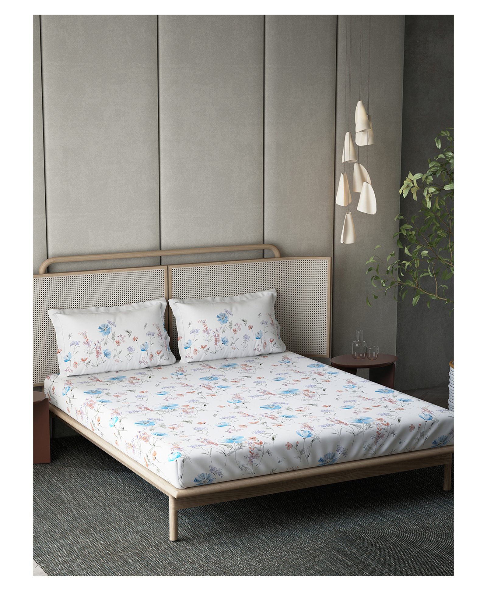 DDecor 100% Pure Cotton Floral 145TC King Flat Bedsheet with 2 Pillow Covers - Turquoise-image-3