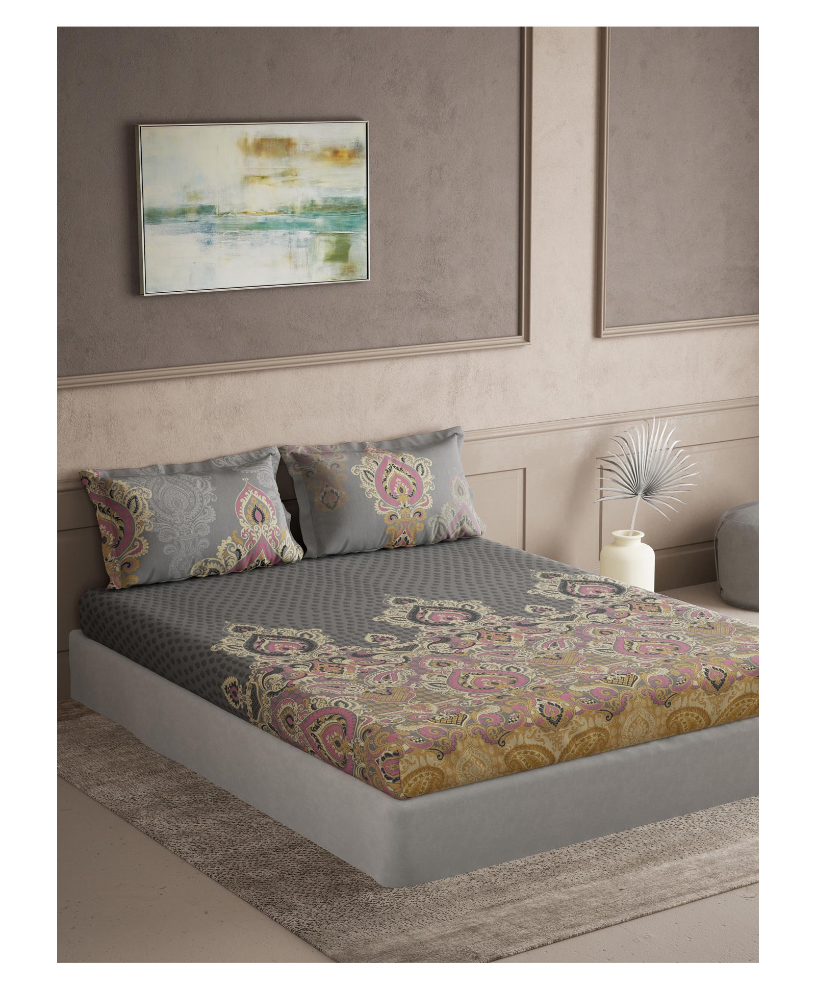 d'decor D Decor Maxima Collection 100% Cotton Ethnic 144TC Super King Flat Bedsheet with 2 Pillow Covers - Light Grey-picture-28
