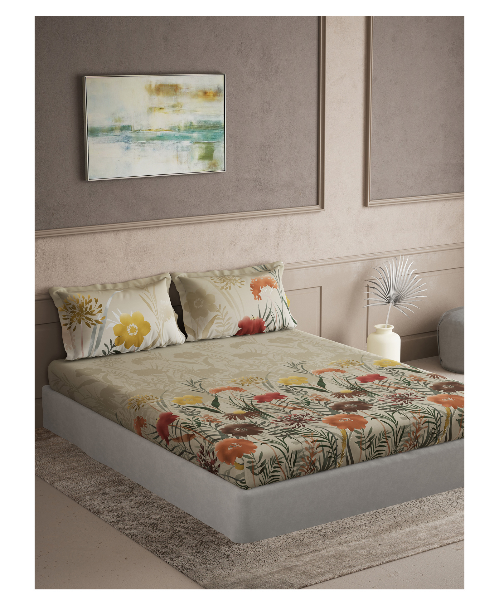 d'decor D Decor Maxima Collection 100% Cotton Floral 144TC Super King Flat Bedsheet with 2 Pillow Covers - Brown-picture-31
