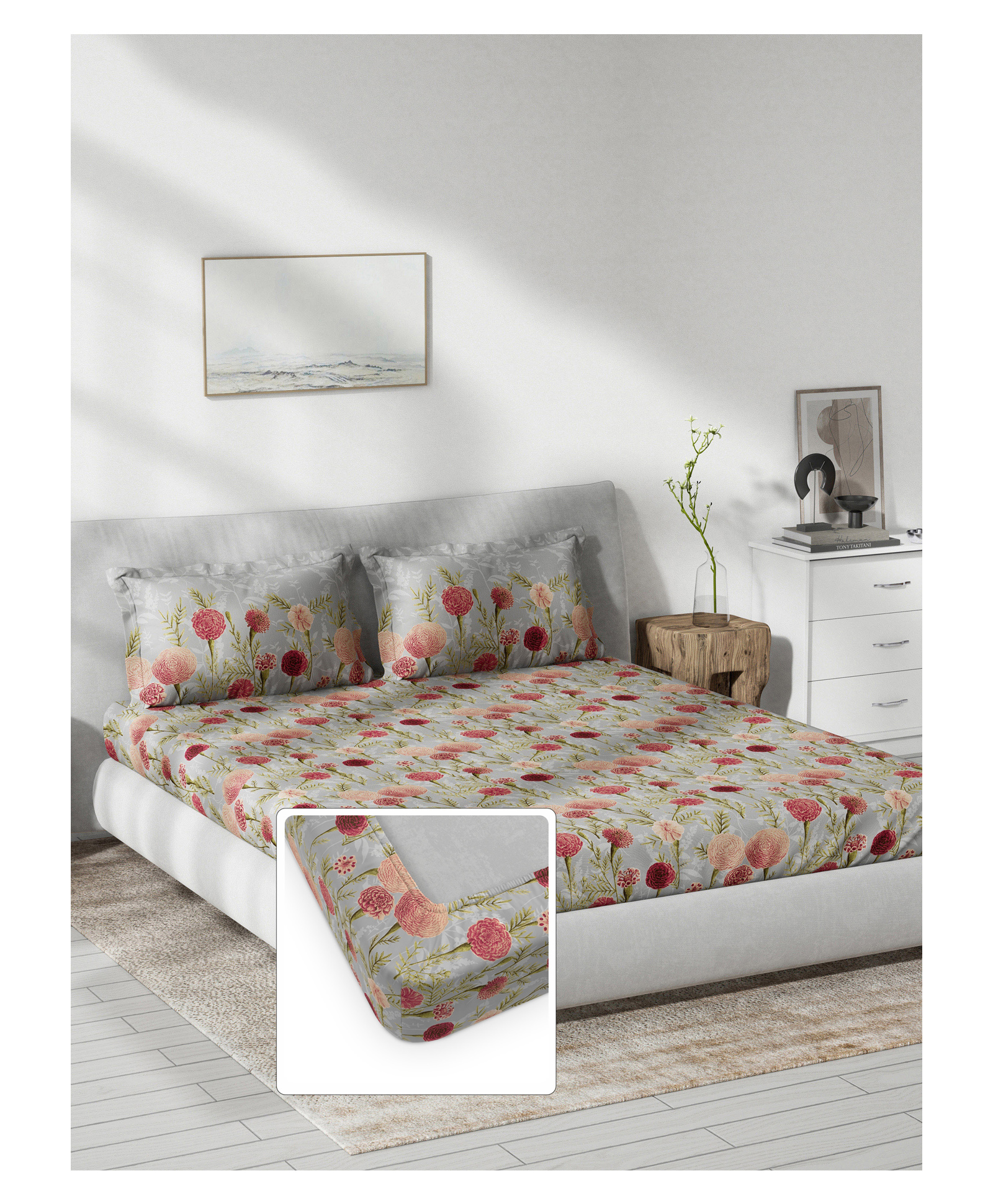 d'decor DDecor Primary Collection 100% Cotton Floral 144TC King Fitted Bedsheet with 2 Pillow Covers - Pink-picture-22