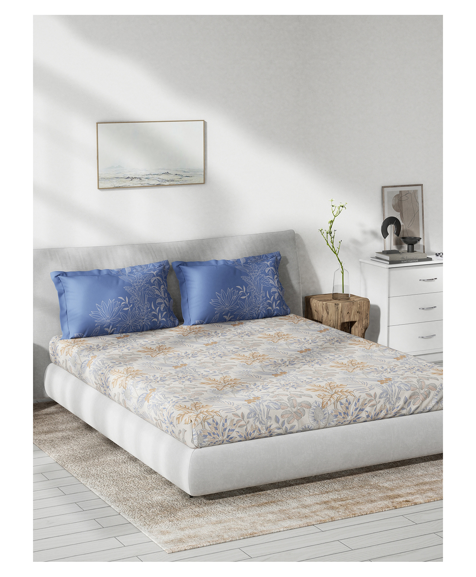 DDecor Primary Collection 100% Cotton Leaves 136TC King Fitted Bedsheet wiith 2 Pilow Covers - Blue-image-36