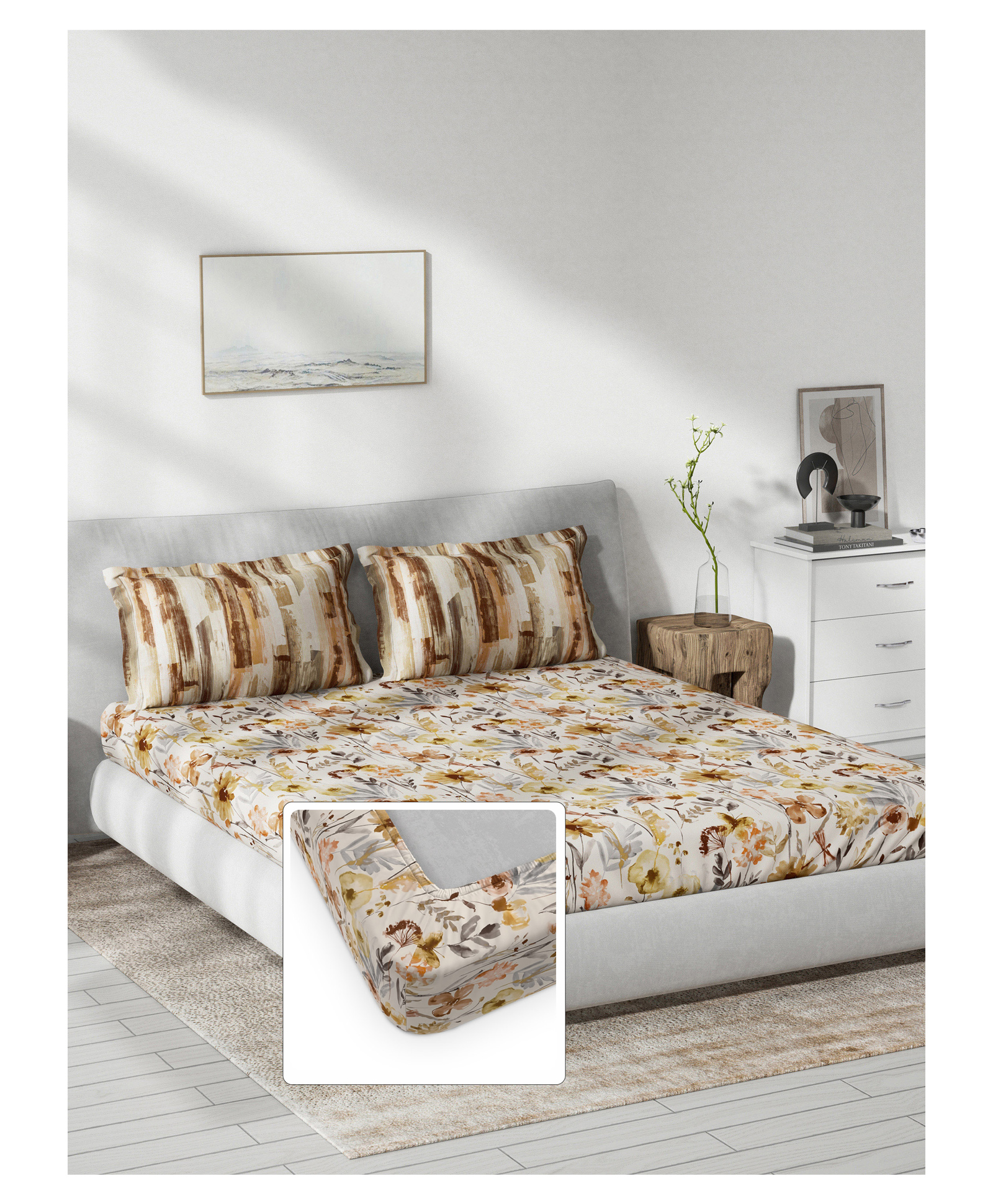 D'Decor Primary Collection 100% Cotton Floral 144TC King Fitted Bedsheet with 2 Pillow Covers - Brown-picture-34