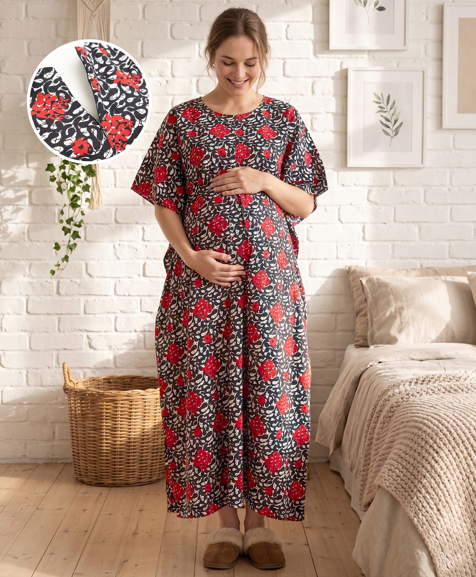 Bella Mama Cotton Woven Half Sleeves Floral Printed Maternity Nursing Kaftan - Black-image-46